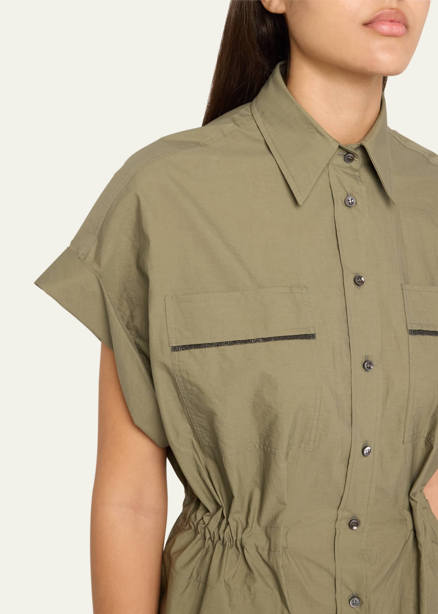 Brunello Cucinelli Monili-Trim Short-Sleeve Techno Cotton Poplin Midi Shirtdress Image 5 of 5