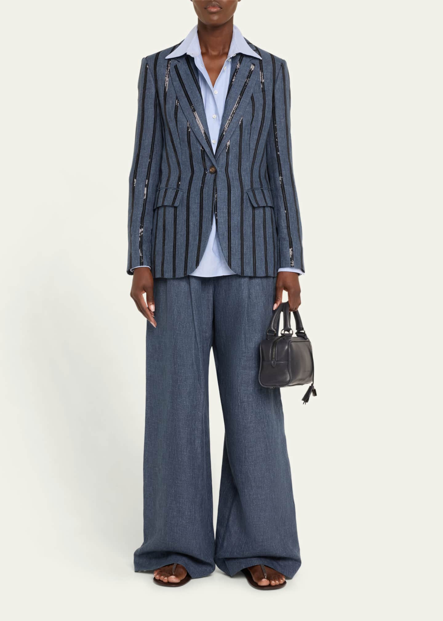 Brunello Cucinelli Denim-Effect Linen Wide-Leg Track Pants With Monili Belt Loop Image 2 of 5
