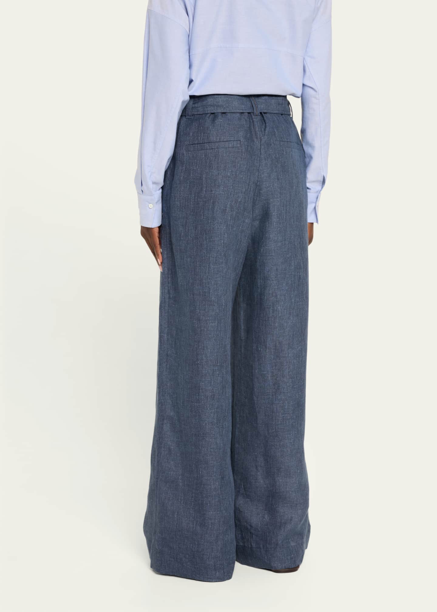 Brunello Cucinelli Denim-Effect Linen Wide-Leg Track Pants With Monili Belt Loop Image 3 of 5