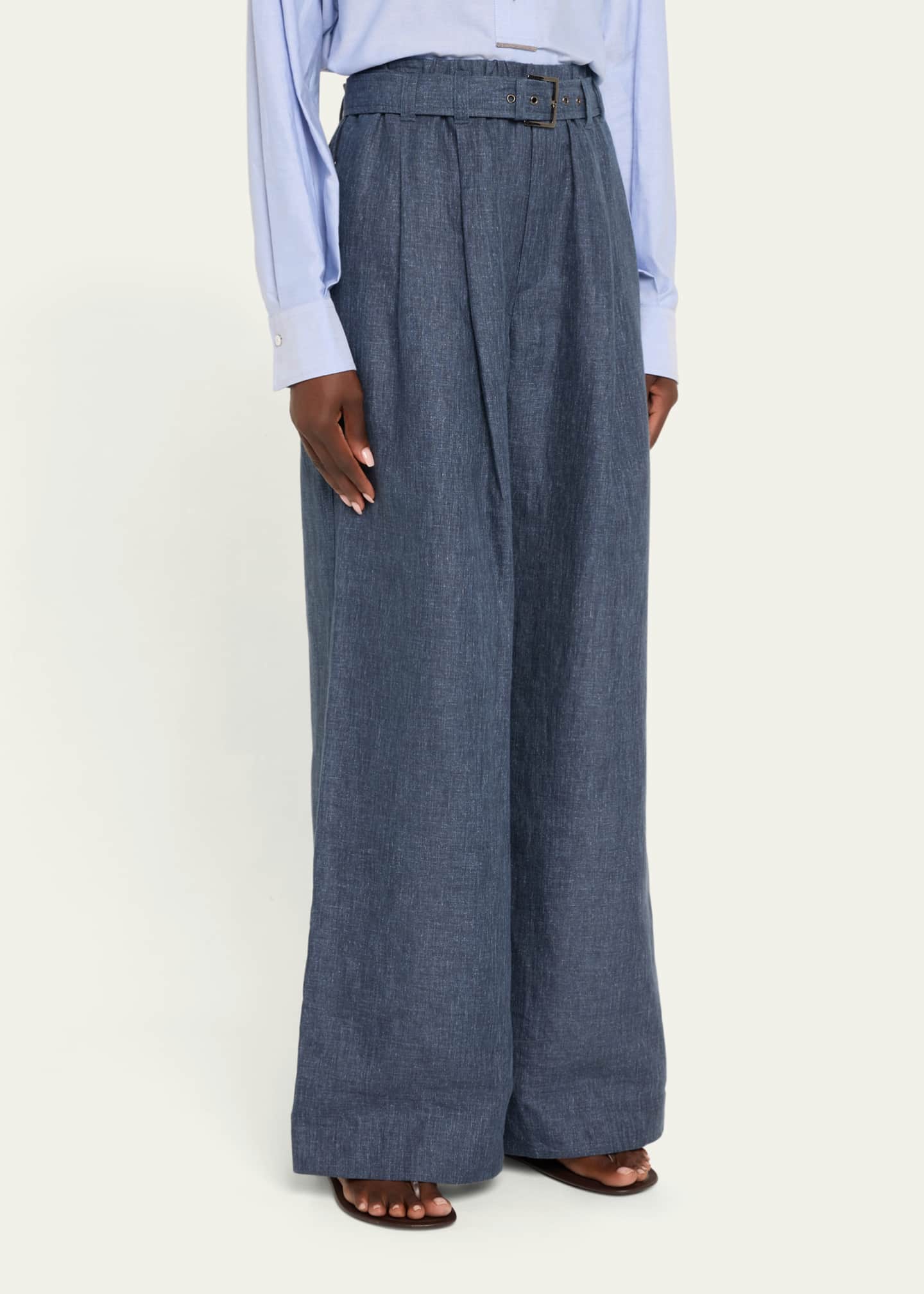 Brunello Cucinelli Denim-Effect Linen Wide-Leg Track Pants With Monili Belt Loop Image 4 of 5