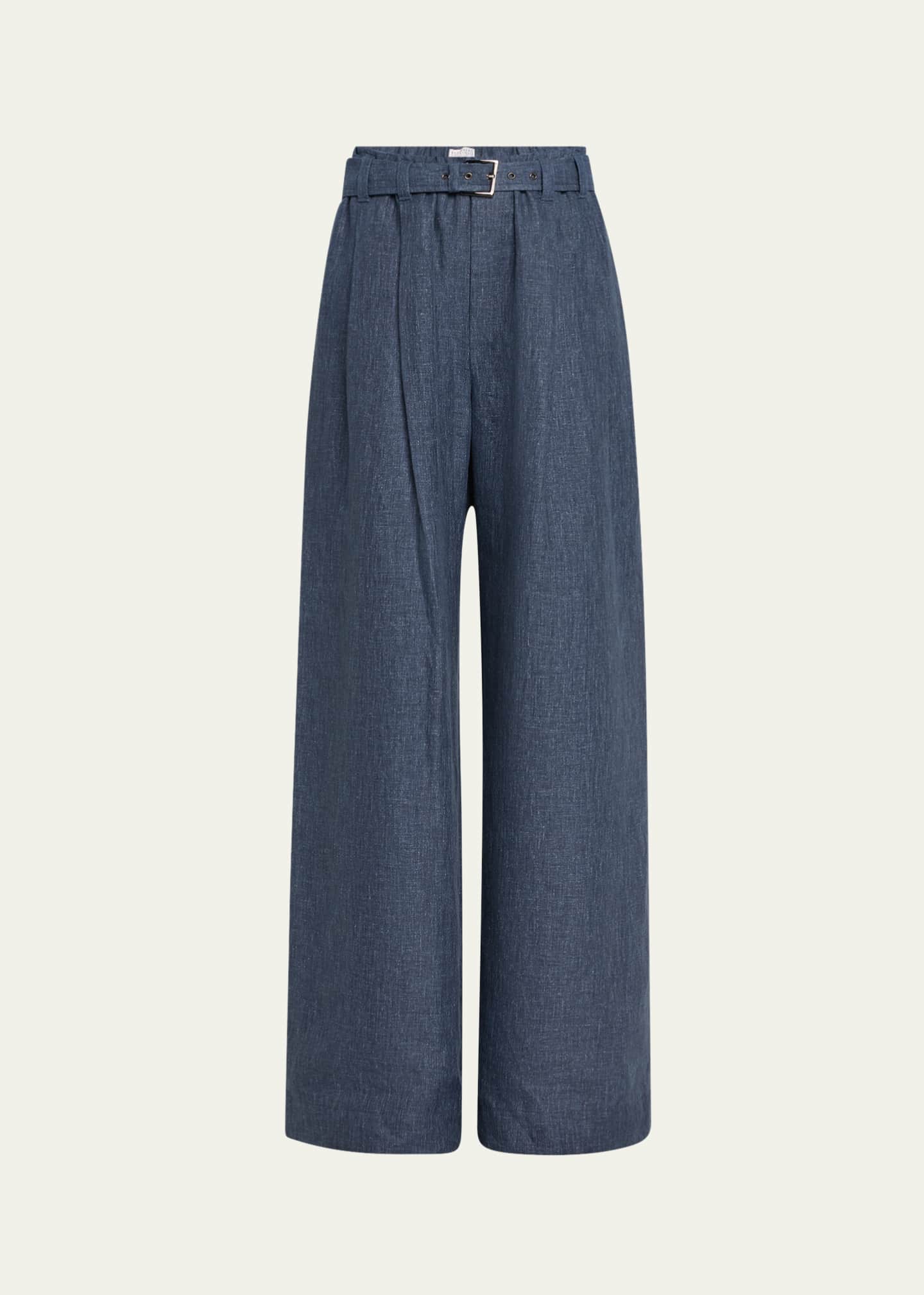 Brunello Cucinelli Denim-Effect Linen Wide-Leg Track Pants With Monili Belt Loop Image 1 of 5