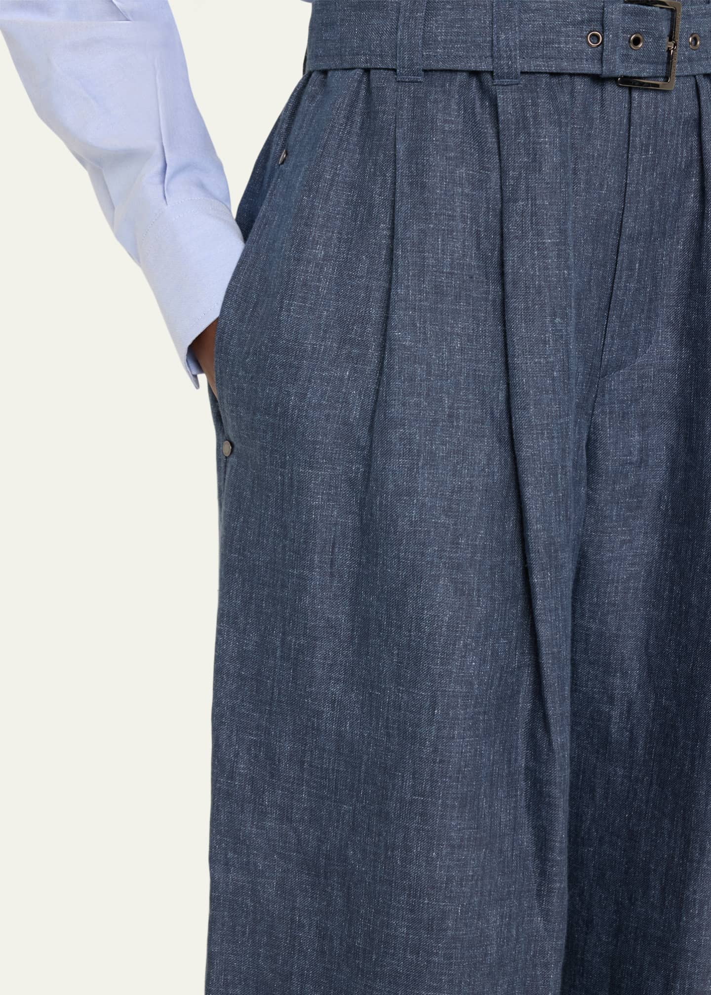 Brunello Cucinelli Denim-Effect Linen Wide-Leg Track Pants With Monili Belt Loop Image 5 of 5