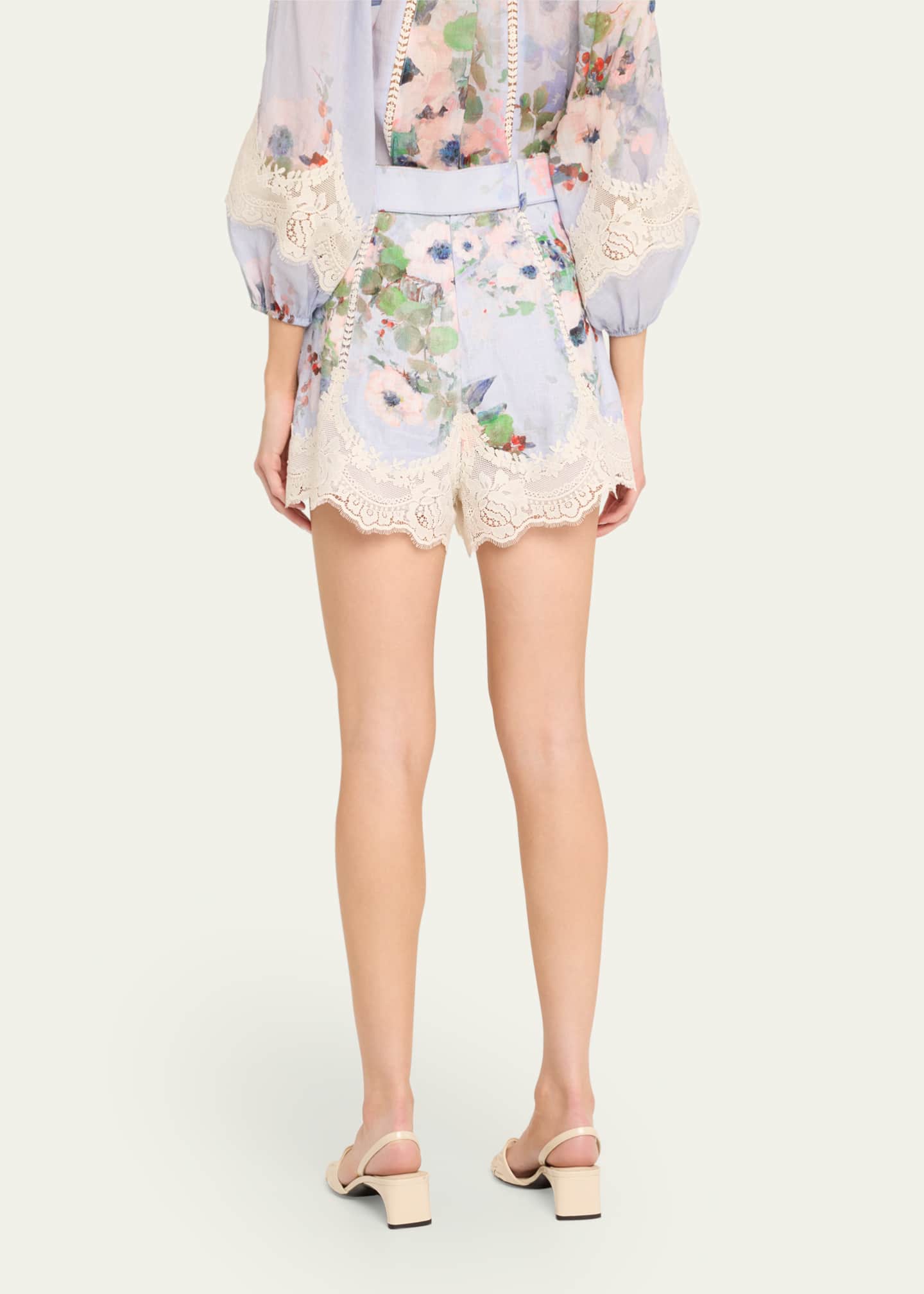 Zimmermann Everley Floral Lace Trim Belted Tuck Shorts Image 3 of 5