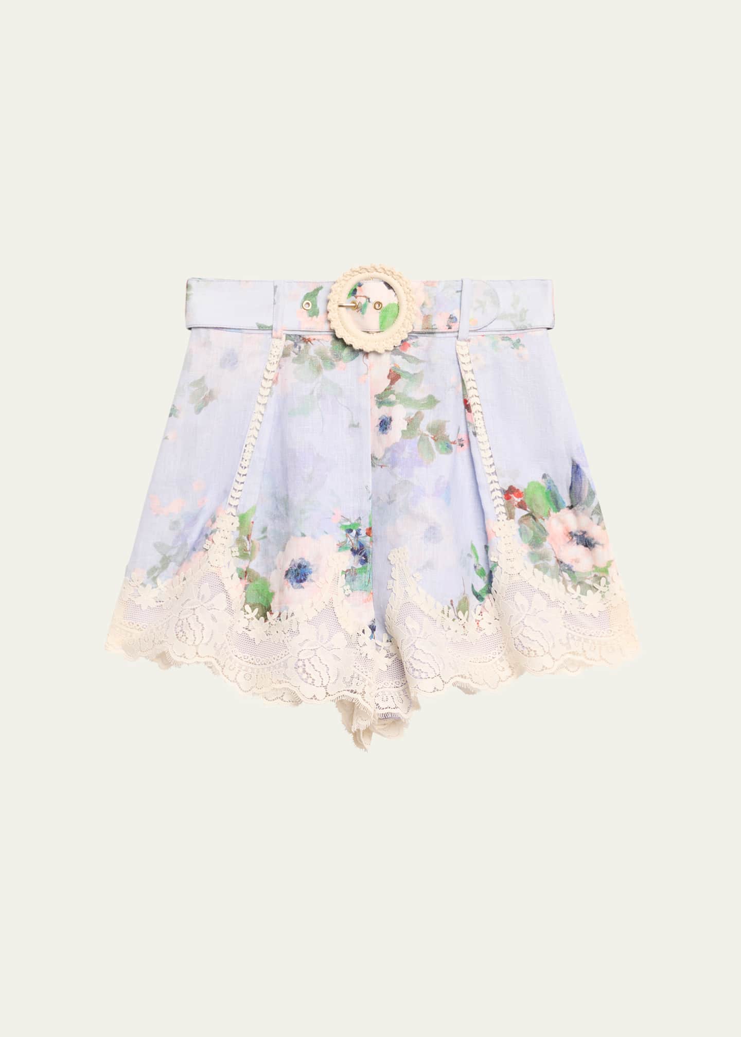 Zimmermann Everley Floral Lace Trim Belted Tuck Shorts Image 1 of 5