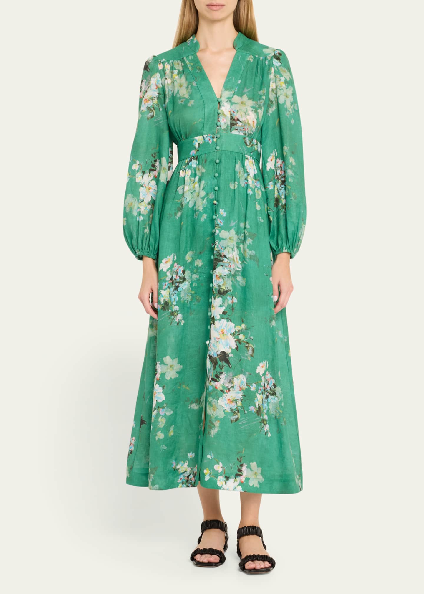 Zimmermann Everley Floral Linen Midi Dress, Green Image 2 of 5