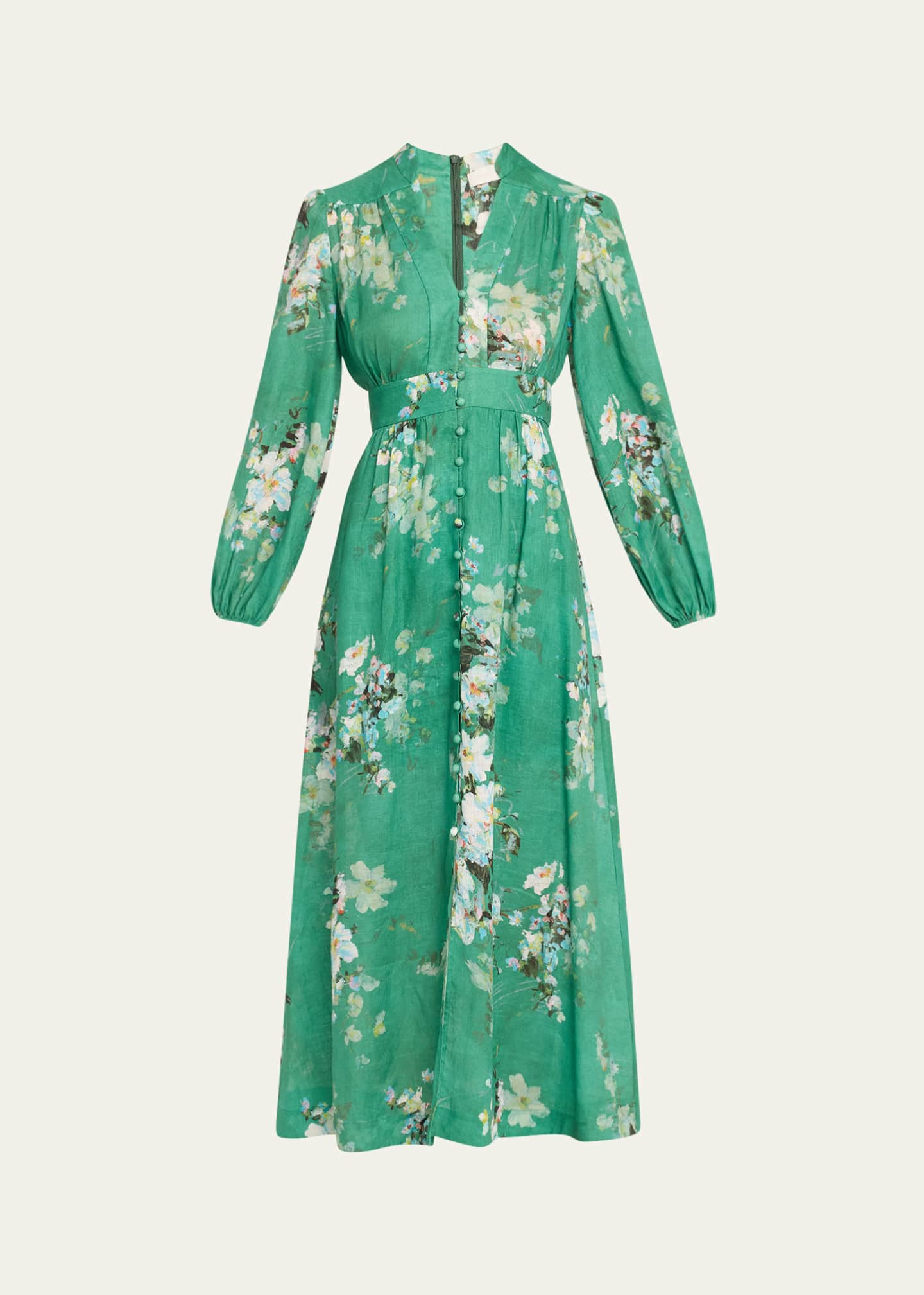Zimmermann Everley Floral Linen Midi Dress, Green Image 1 of 5