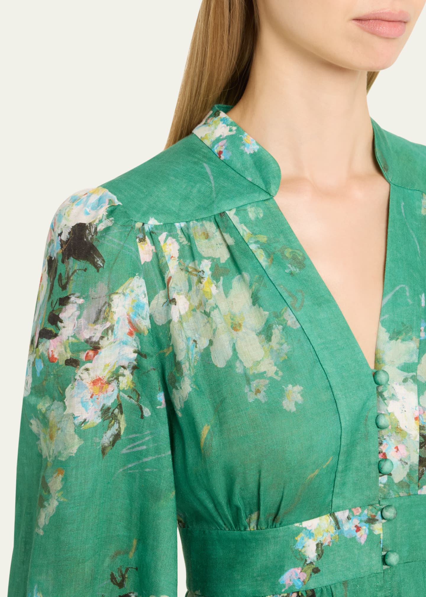 Zimmermann Everley Floral Linen Midi Dress, Green Image 5 of 5