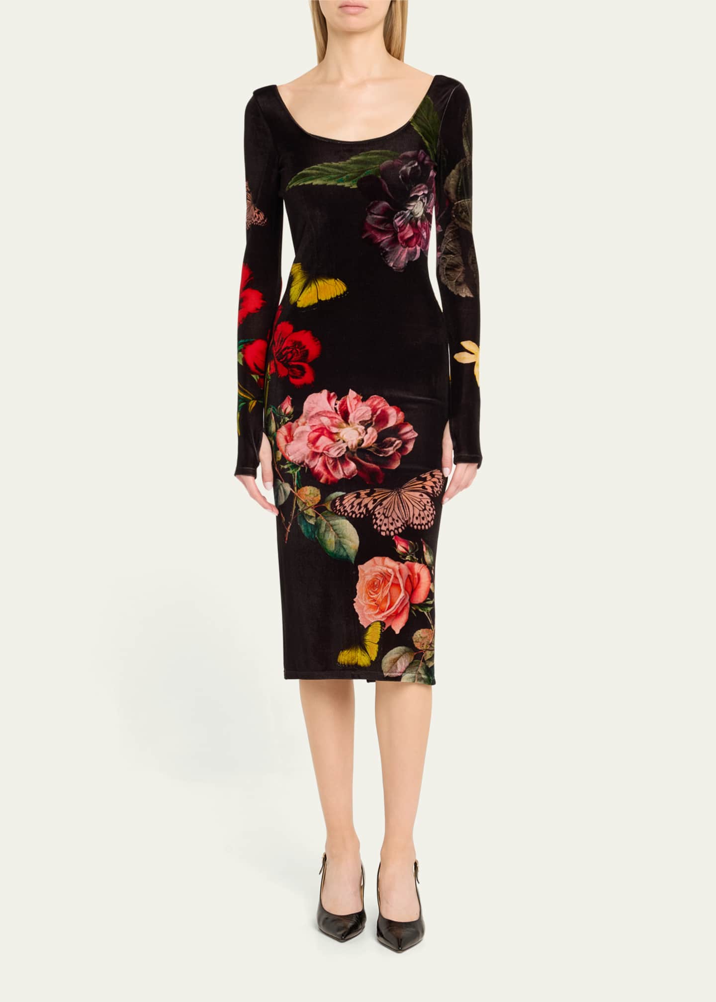 Alice + Olivia In The Wind Floral Delora Scoop-Neck Velvet Midi Dress Image 2 of 5