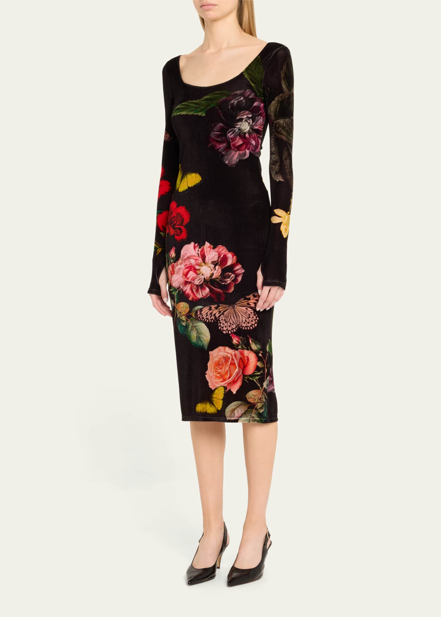 Alice + Olivia In The Wind Floral Delora Scoop-Neck Velvet Midi Dress Image 4 of 5
