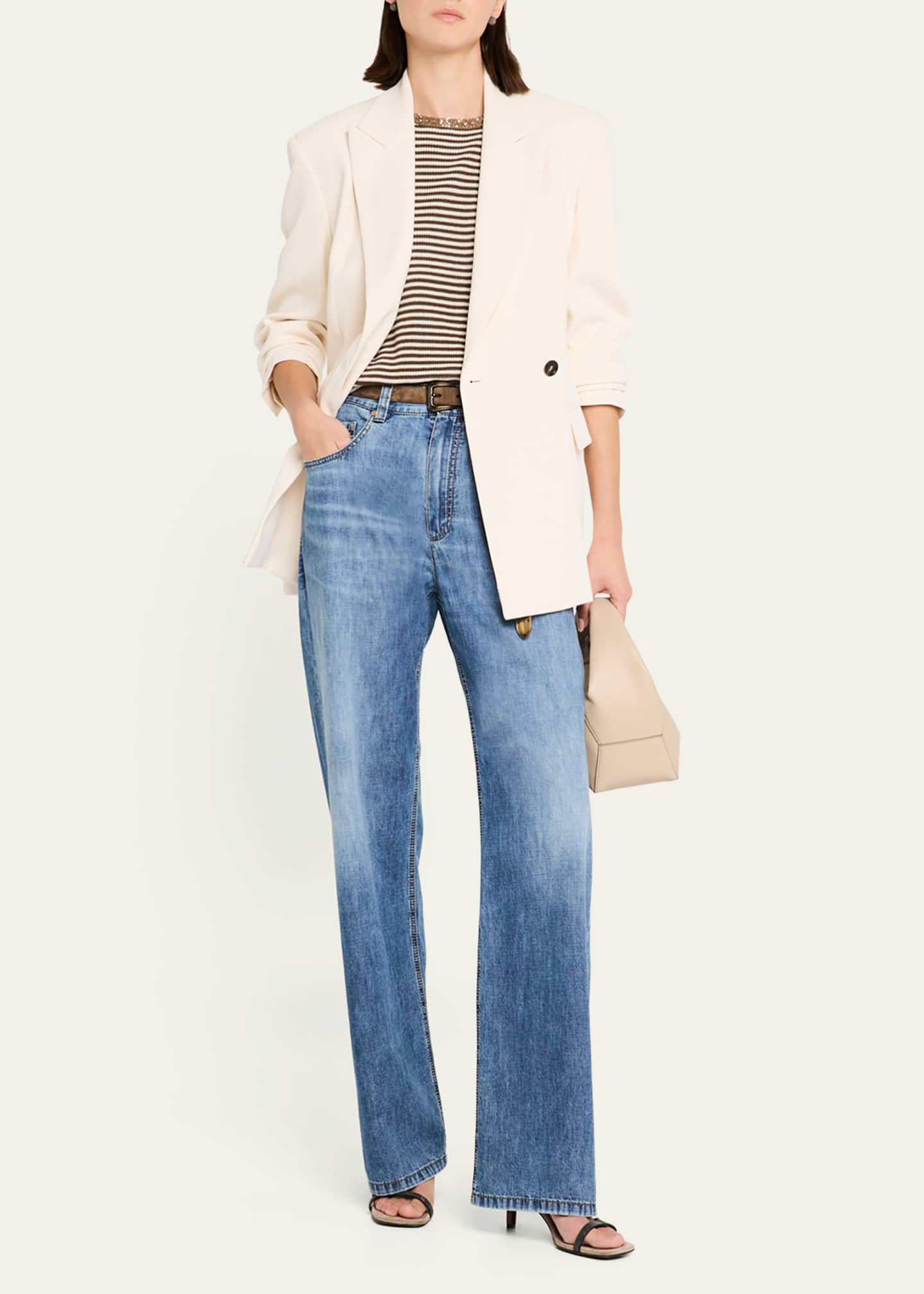Brunello Cucinelli Striped Cotton Short-Sleeve Paillette-Neck Sweater Image 2 of 5