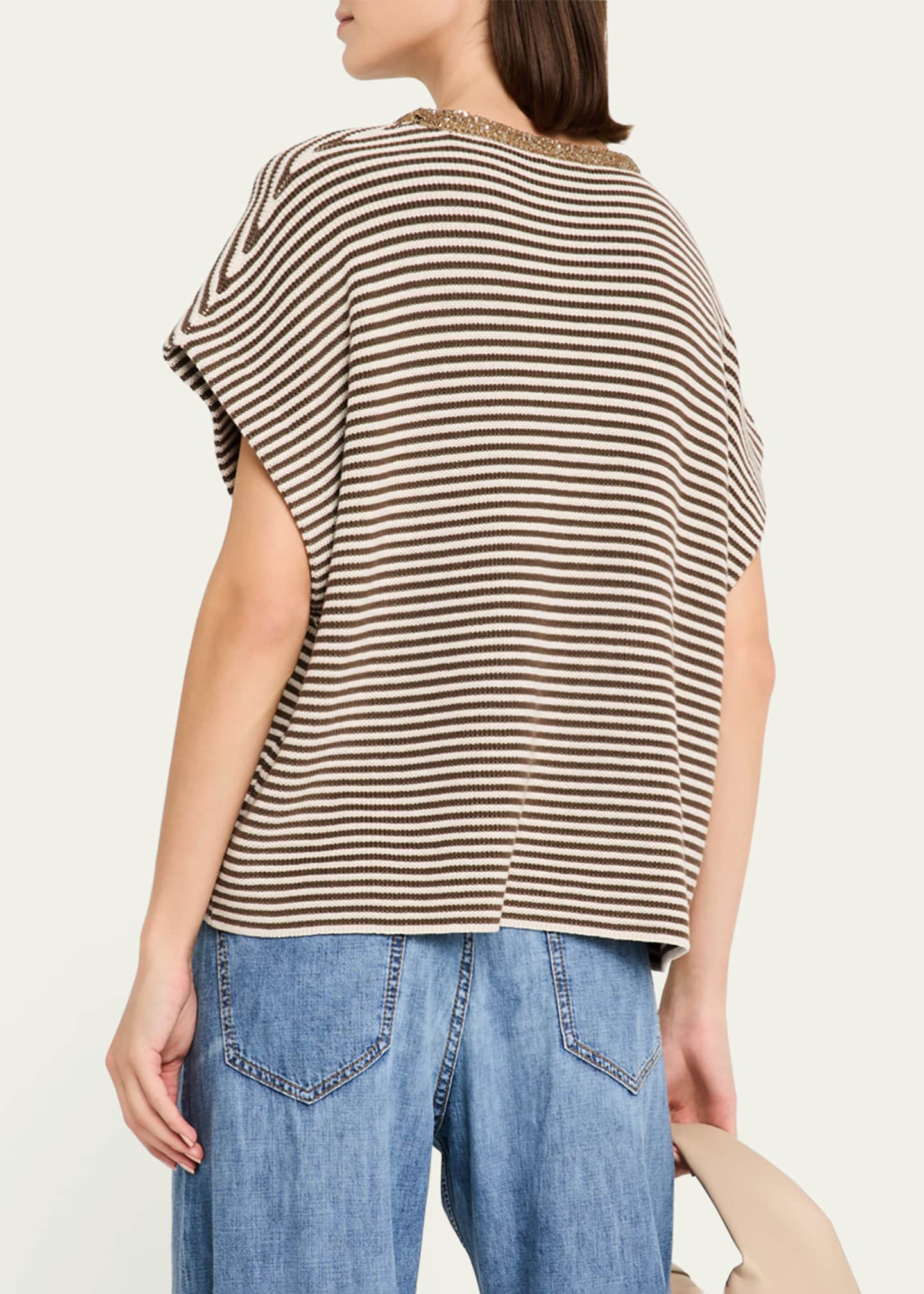 Brunello Cucinelli Striped Cotton Short-Sleeve Paillette-Neck Sweater Image 3 of 5