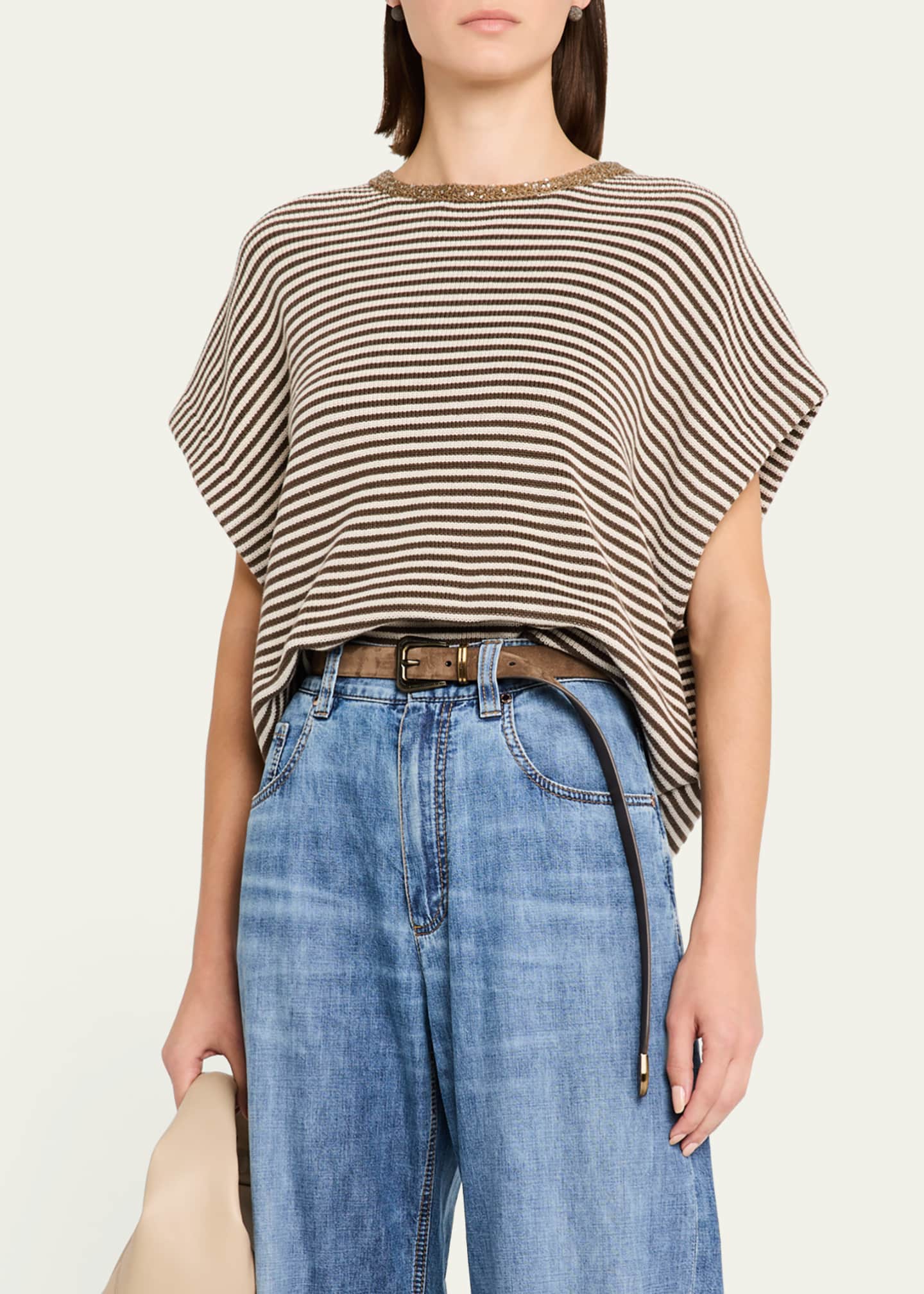 Brunello Cucinelli Striped Cotton Short-Sleeve Paillette-Neck Sweater Image 4 of 5