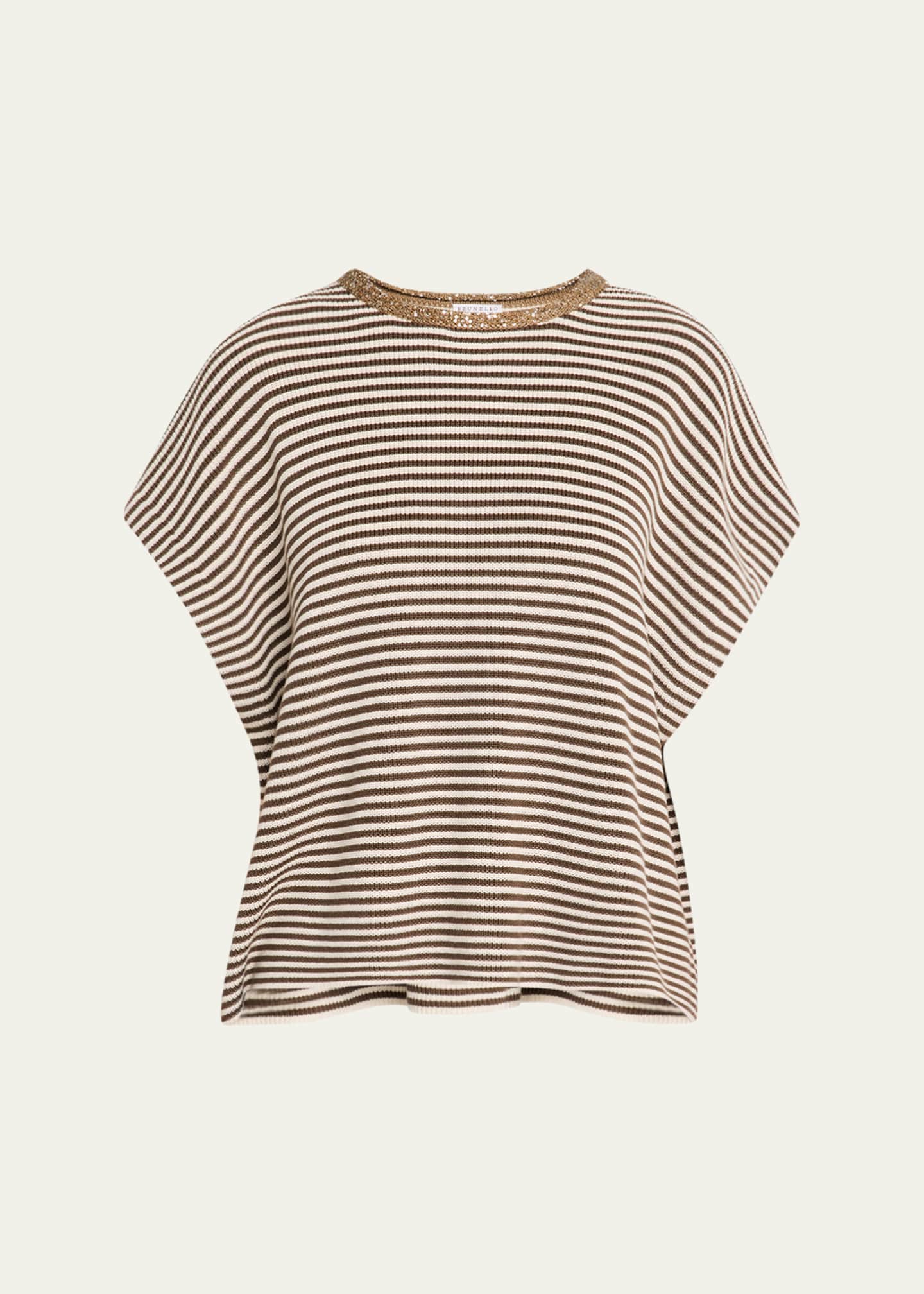 Brunello Cucinelli Striped Cotton Short-Sleeve Paillette-Neck Sweater Image 1 of 5
