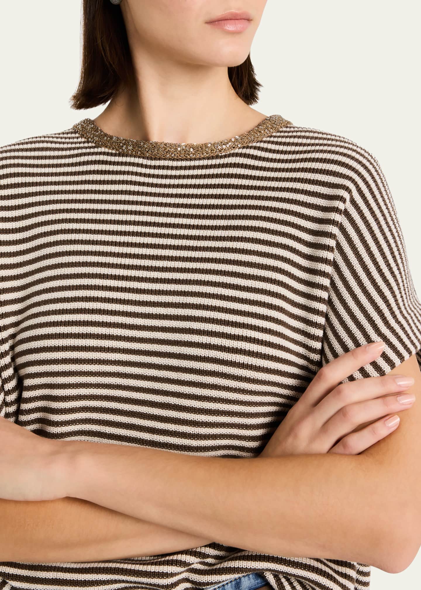 Brunello Cucinelli Striped Cotton Short-Sleeve Paillette-Neck Sweater Image 5 of 5