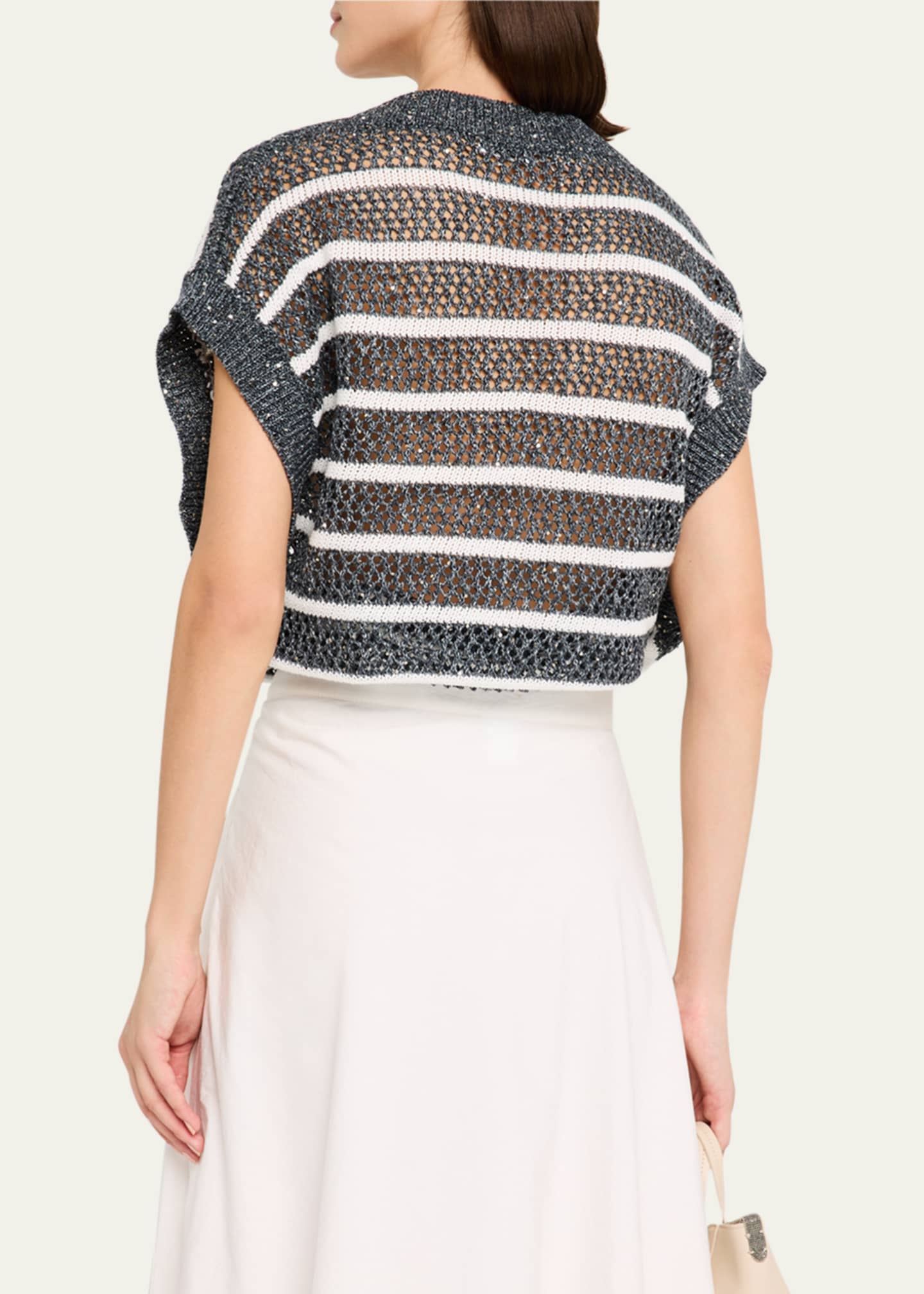 Brunello Cucinelli Antibes Striped Paillette Open-Knit Sleeveless Sweater Image 3 of 5