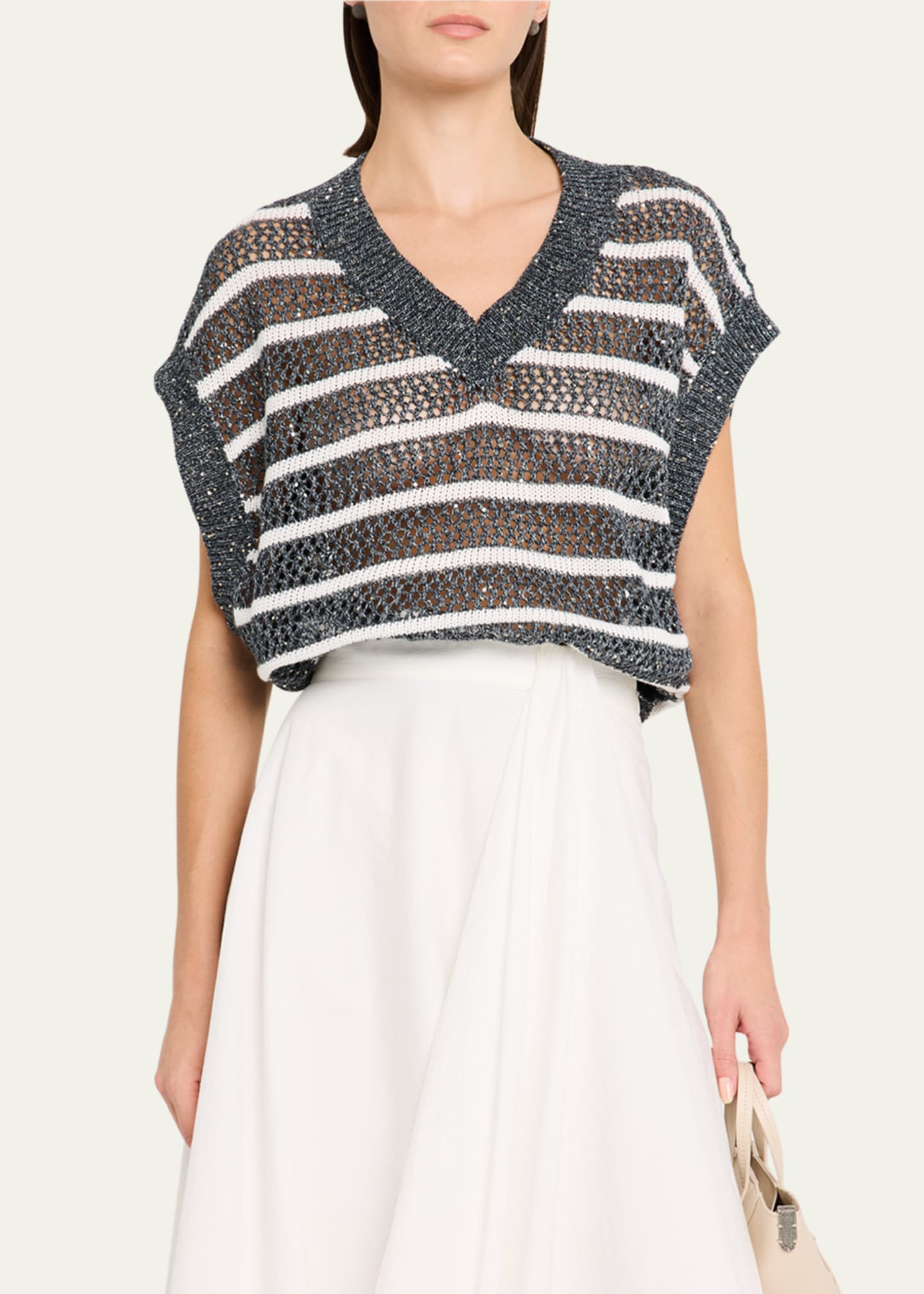 Brunello Cucinelli Antibes Striped Paillette Open-Knit Sleeveless Sweater Image 4 of 5