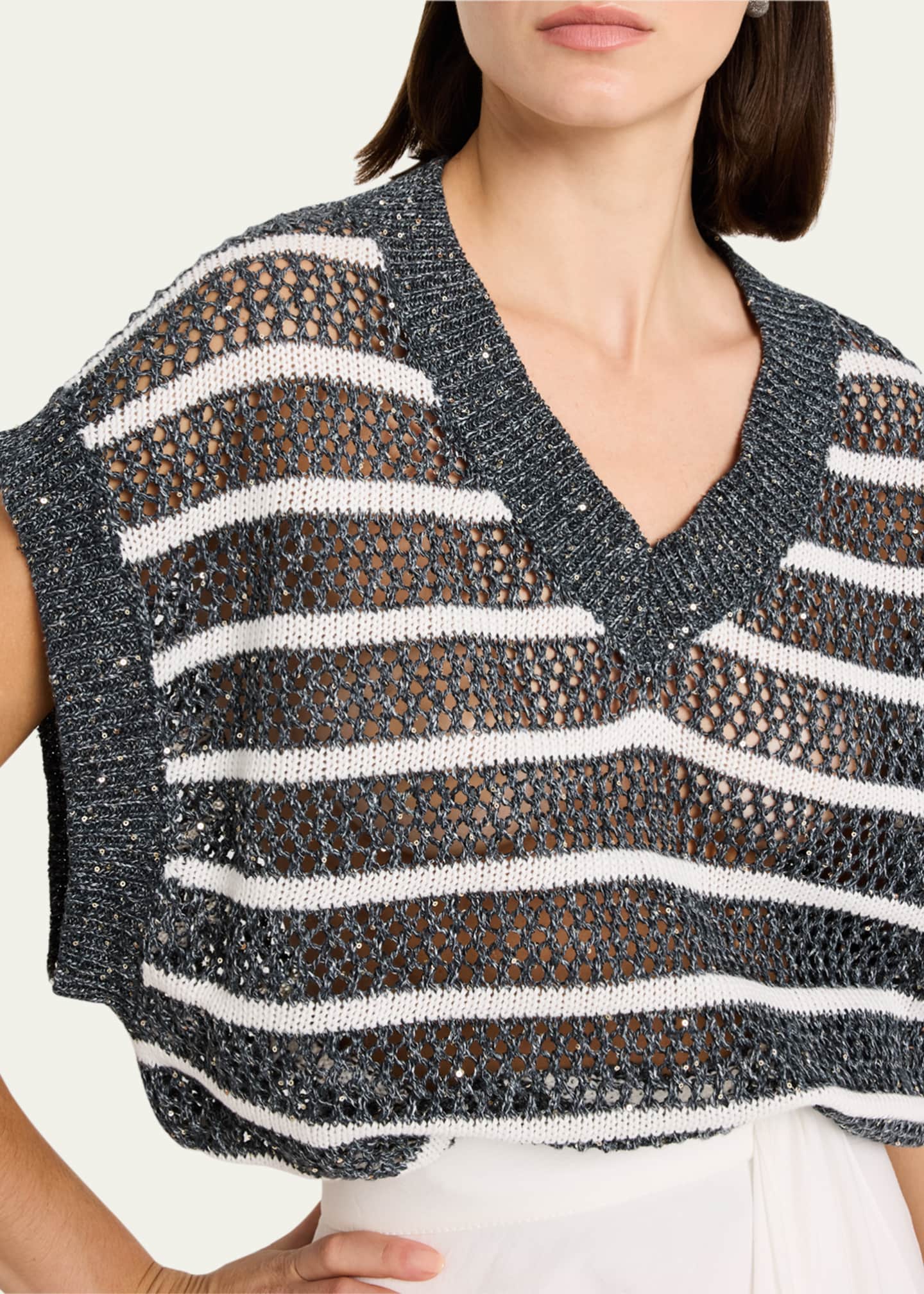 Brunello Cucinelli Antibes Striped Paillette Open-Knit Sleeveless Sweater Image 5 of 5