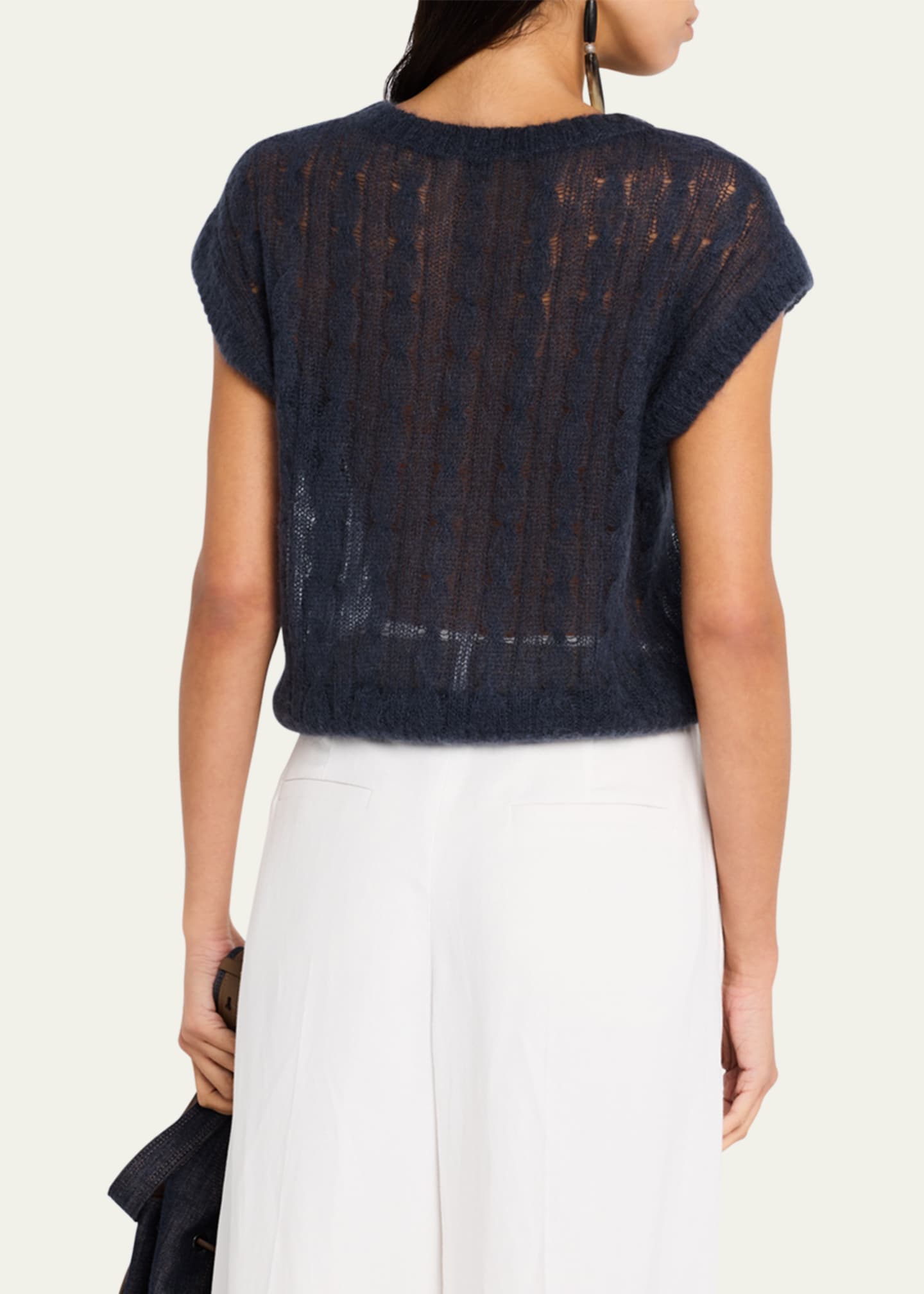 Brunello Cucinelli Mohair Cozy Cable-Knit Cap-Sleeve Sweater Image 3 of 5