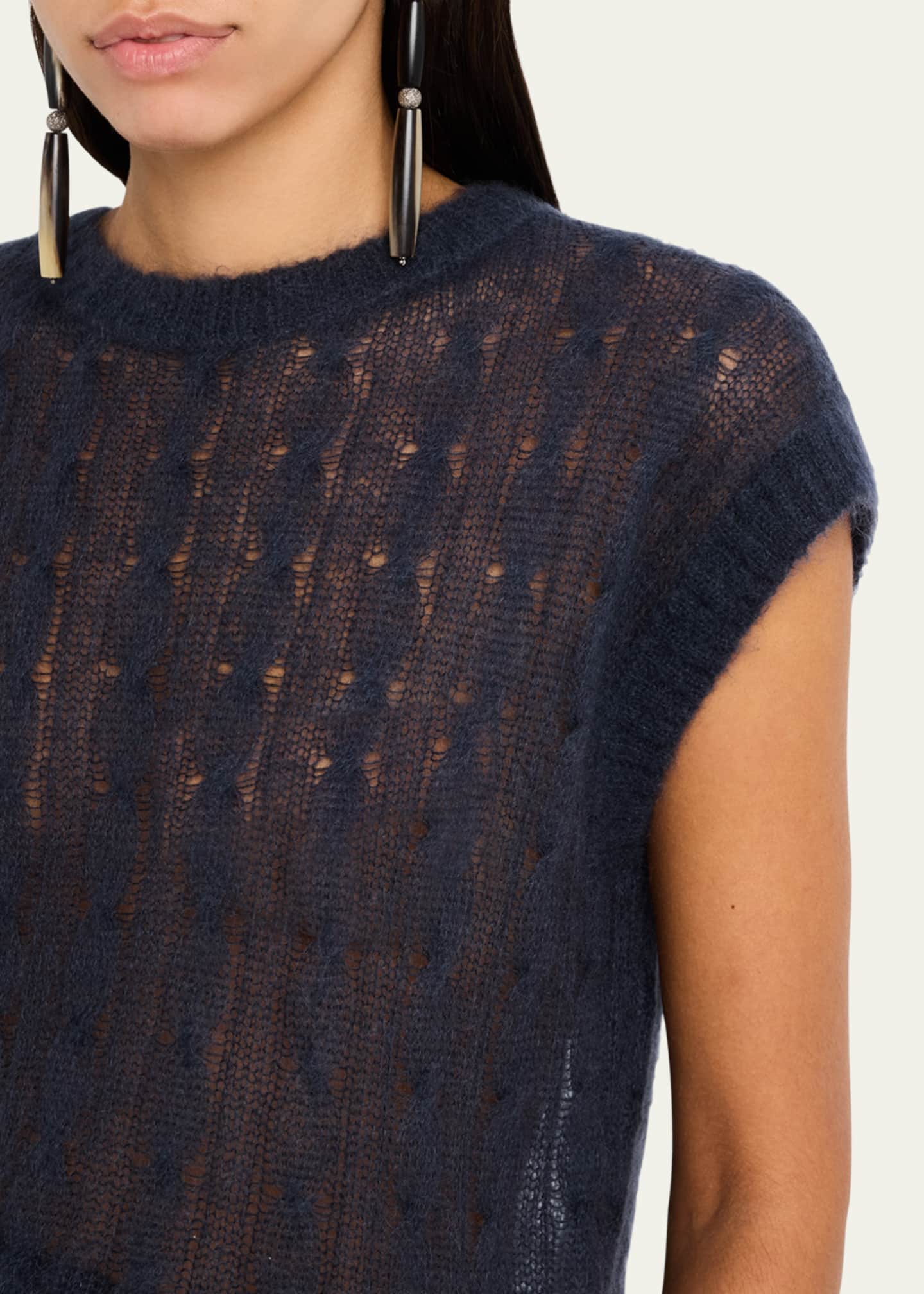 Brunello Cucinelli Mohair Cozy Cable-Knit Cap-Sleeve Sweater Image 5 of 5