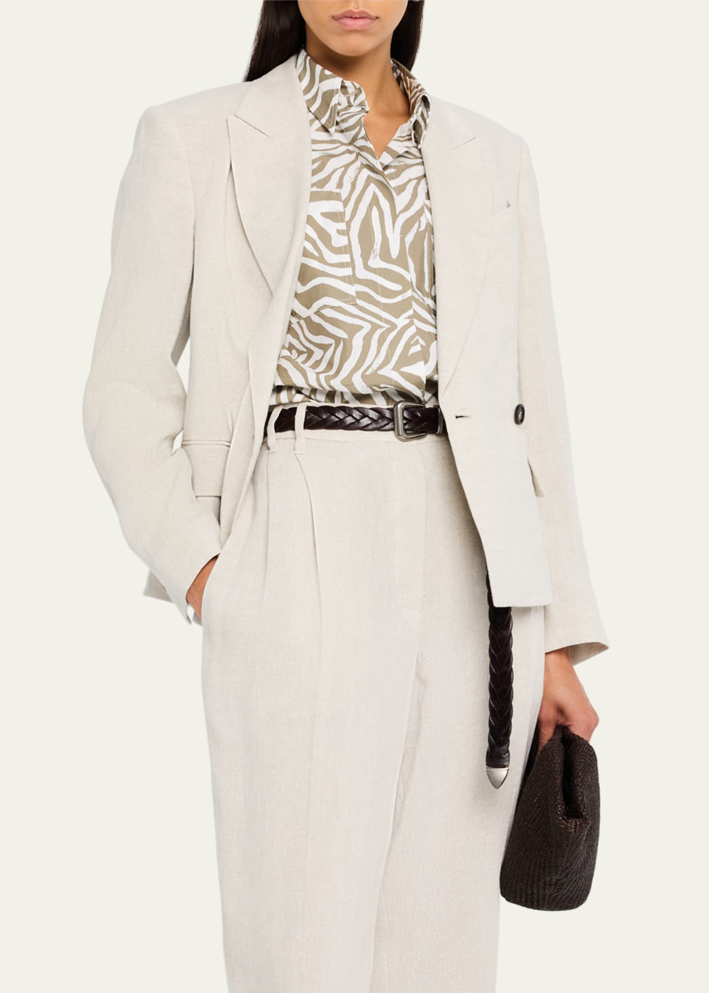 Brunello Cucinelli Metallic Canvas Linen Double-Breasted Jacket Image 4 of 5