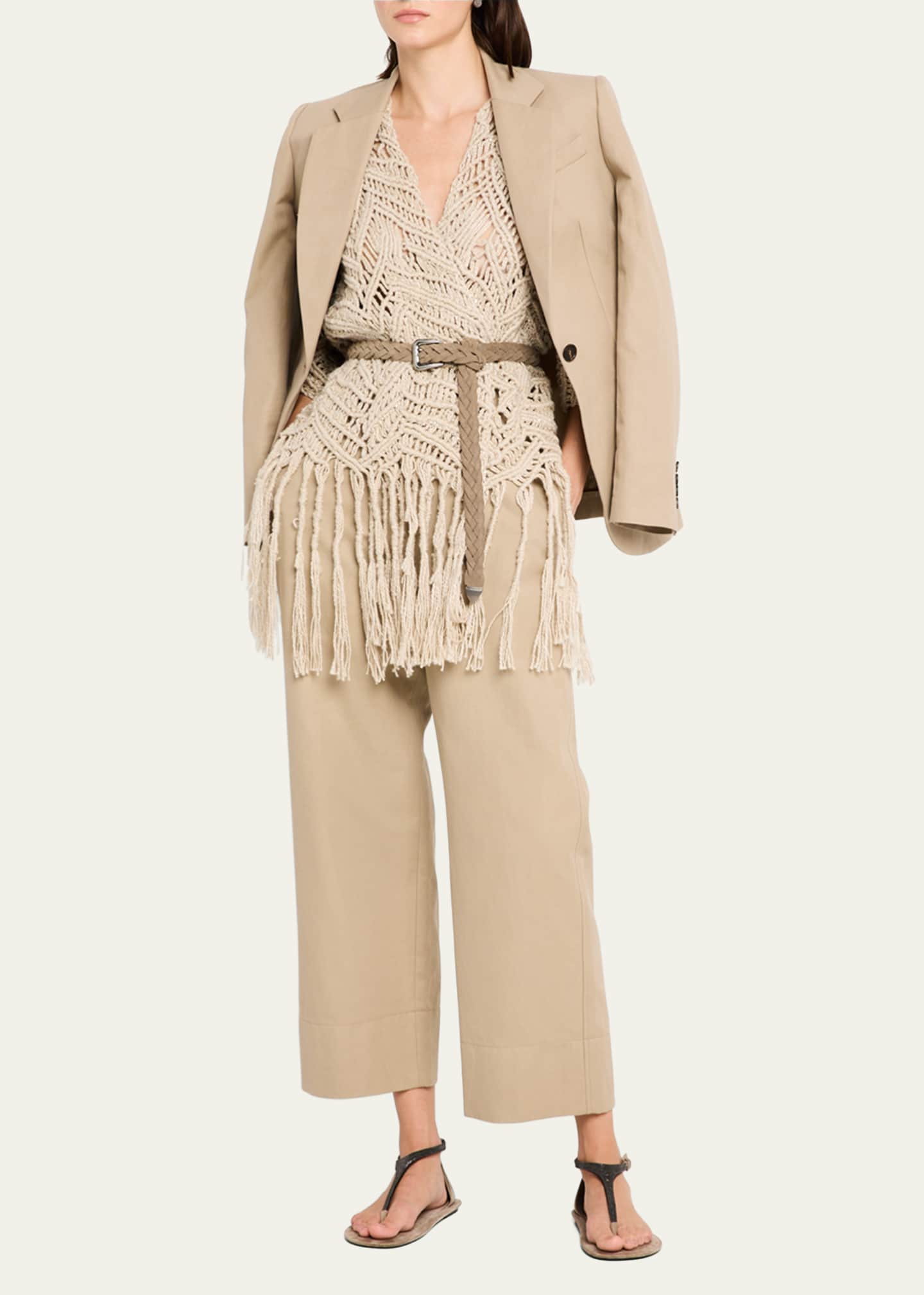 Brunello Cucinelli Cotton-Linen Wide-Leg Crop Chino Pants Image 2 of 5