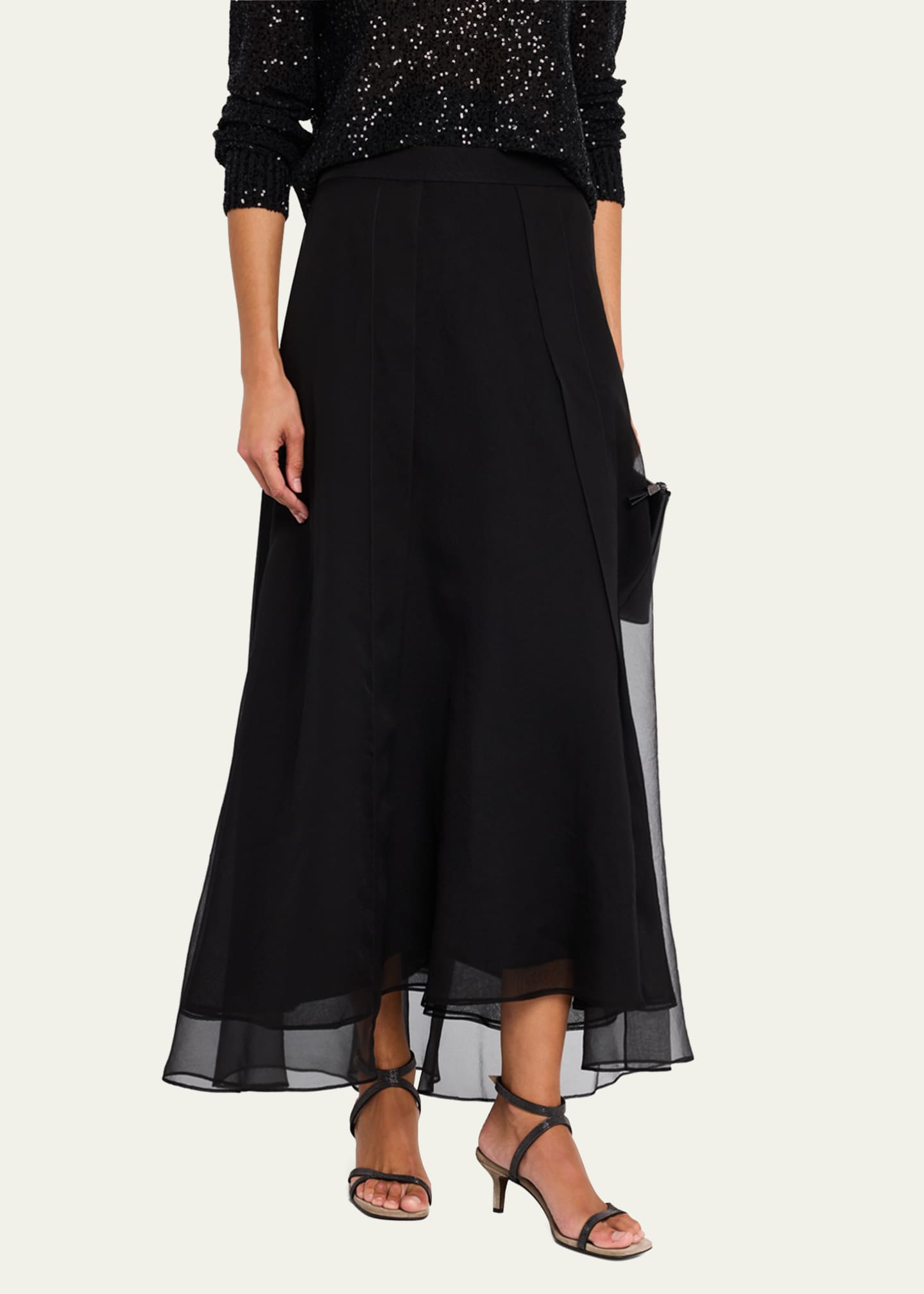 Brunello Cucinelli Crispy Silk Paneled Maxi Circle Skirt Image 4 of 5