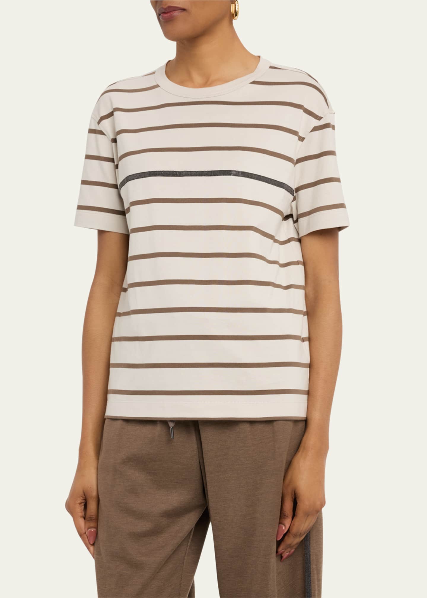 Brunello Cucinelli Monili Striped Short-Sleeve Cotton T-Shirt Image 4 of 5