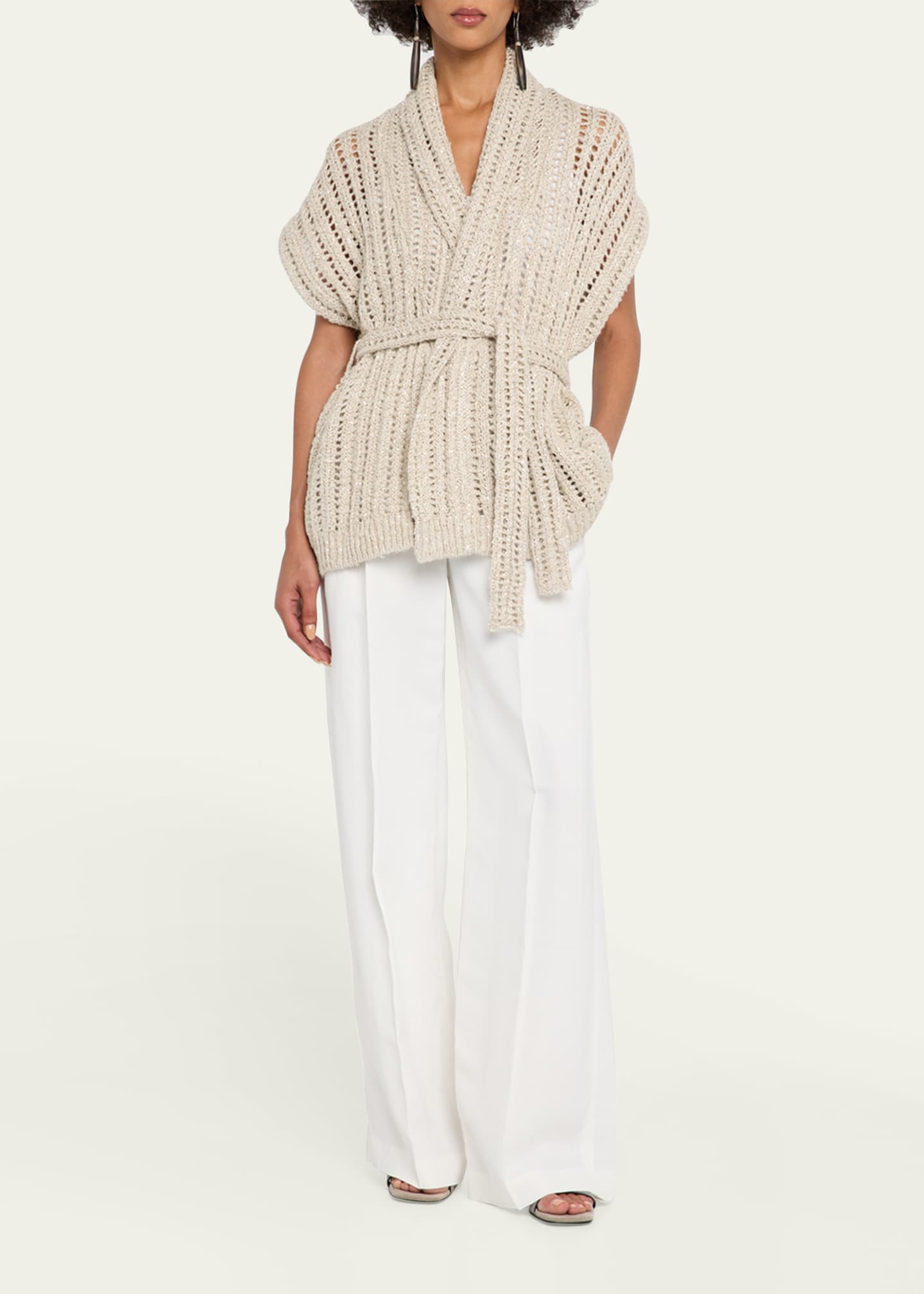 Brunello Cucinelli Openwork Pailette Rib Long Wrap Cardigan Image 2 of 5