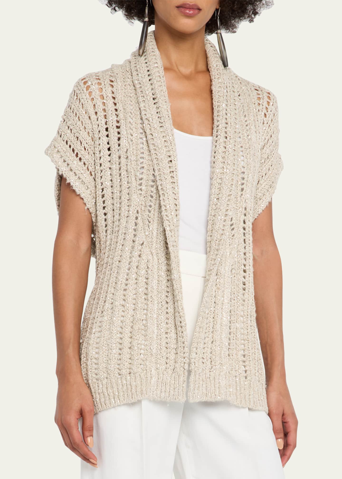 Brunello Cucinelli Openwork Pailette Rib Long Wrap Cardigan Image 4 of 5