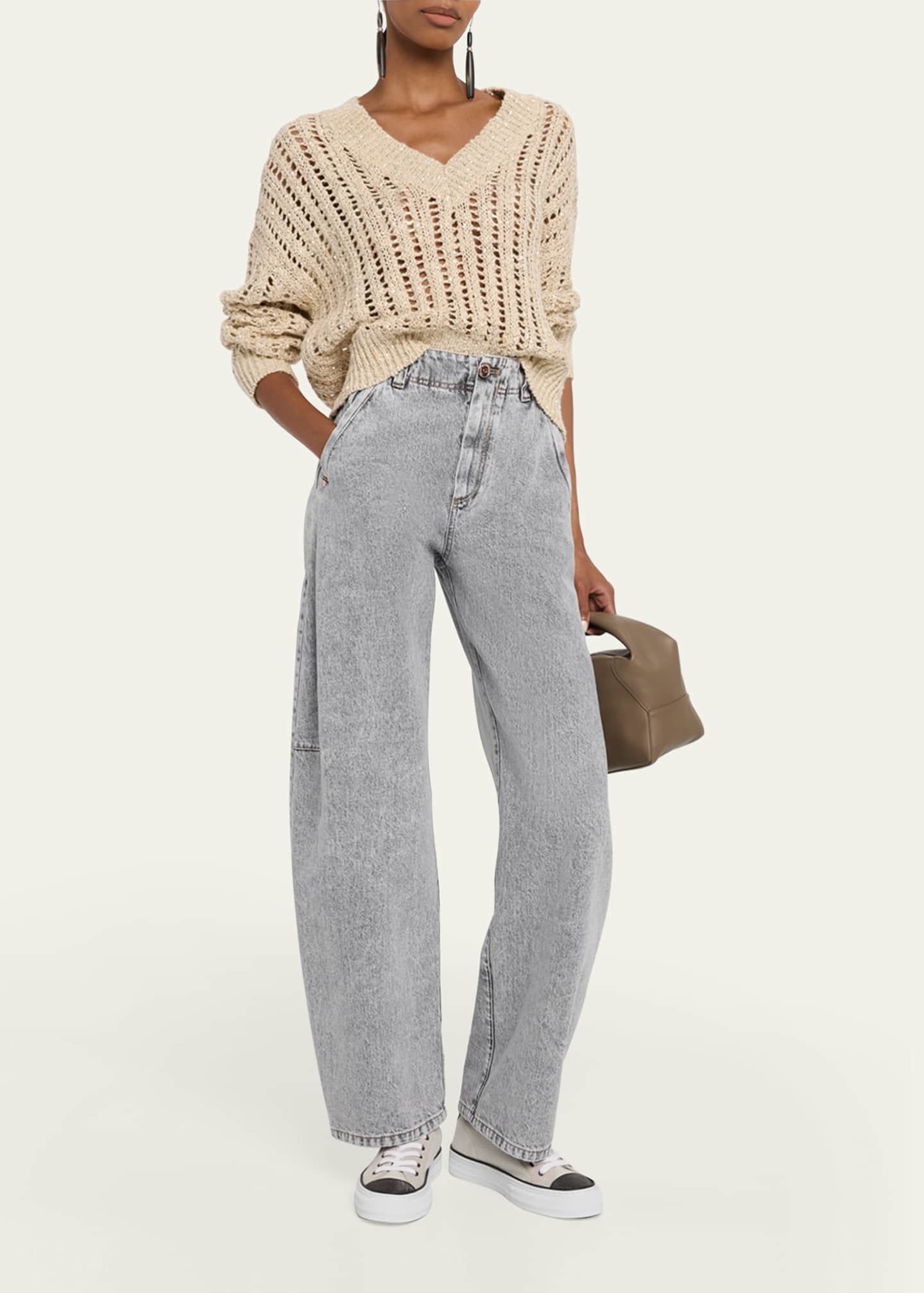 Brunello Cucinelli V-Neck Paillette Open-Weave Knit Sweater Image 2 of 5