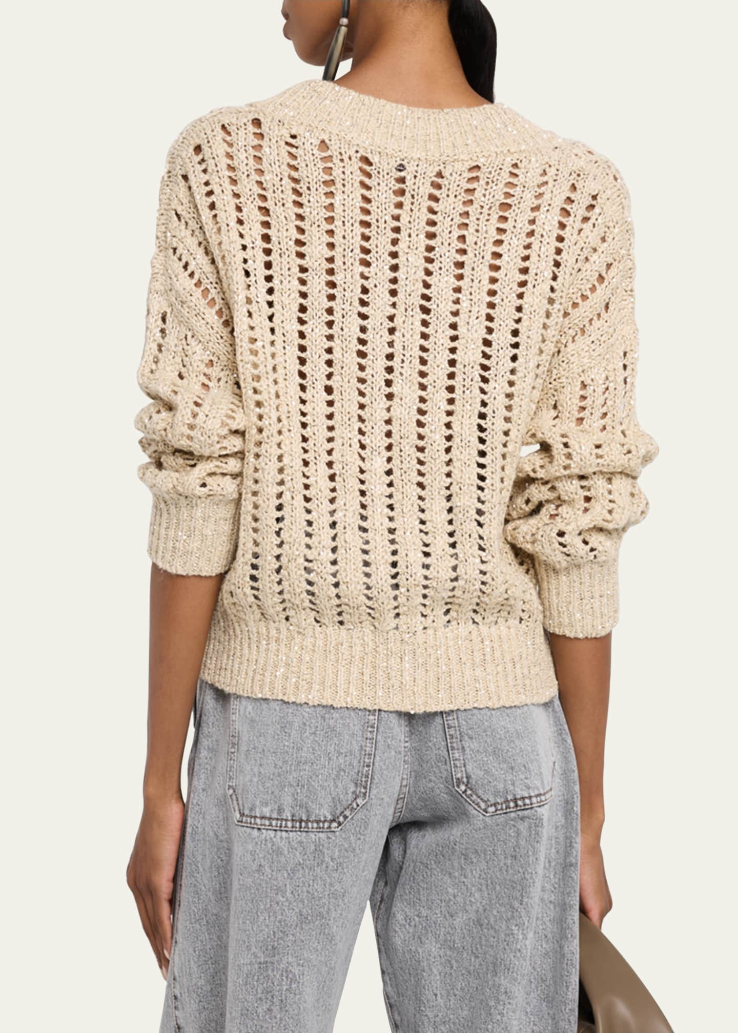 Brunello Cucinelli V-Neck Paillette Open-Weave Knit Sweater Image 3 of 5