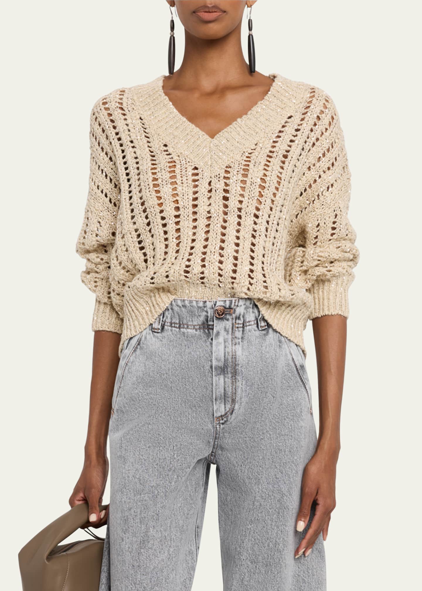 Brunello Cucinelli V-Neck Paillette Open-Weave Knit Sweater Image 4 of 5