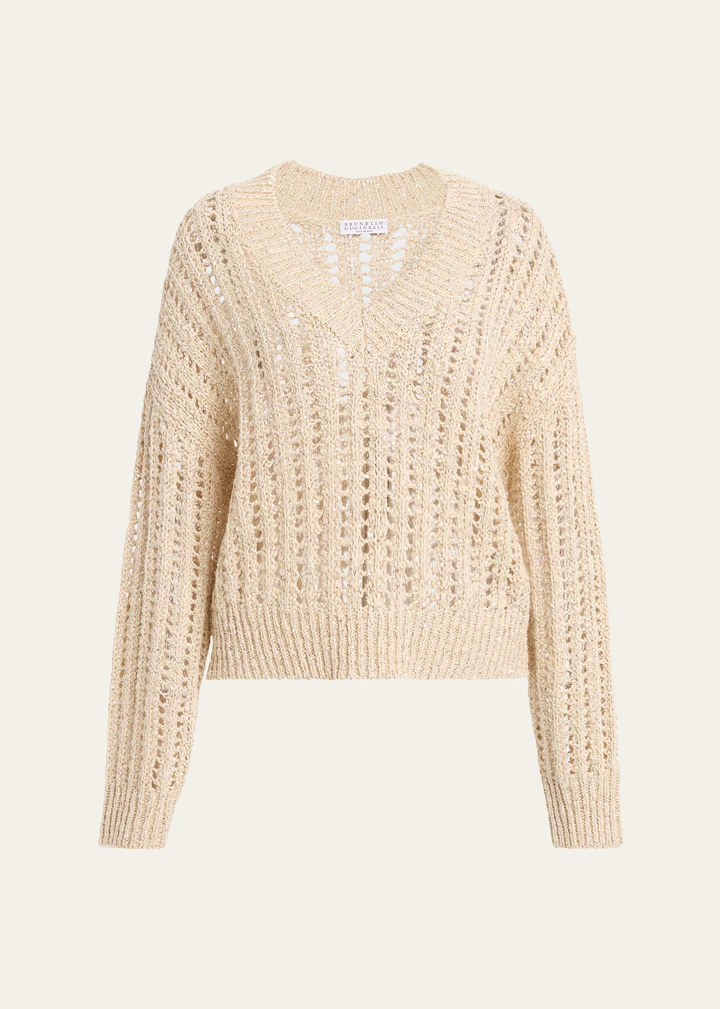 Brunello Cucinelli V-Neck Paillette Open-Weave Knit Sweater Image 1 of 5