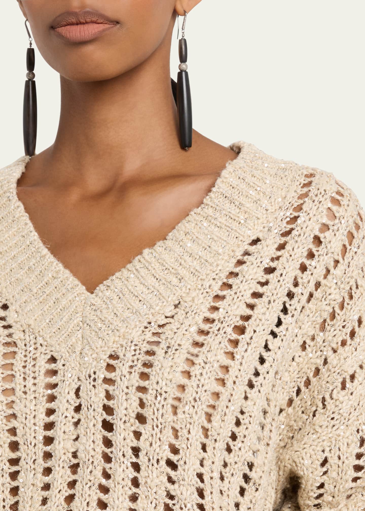 Brunello Cucinelli V-Neck Paillette Open-Weave Knit Sweater Image 5 of 5