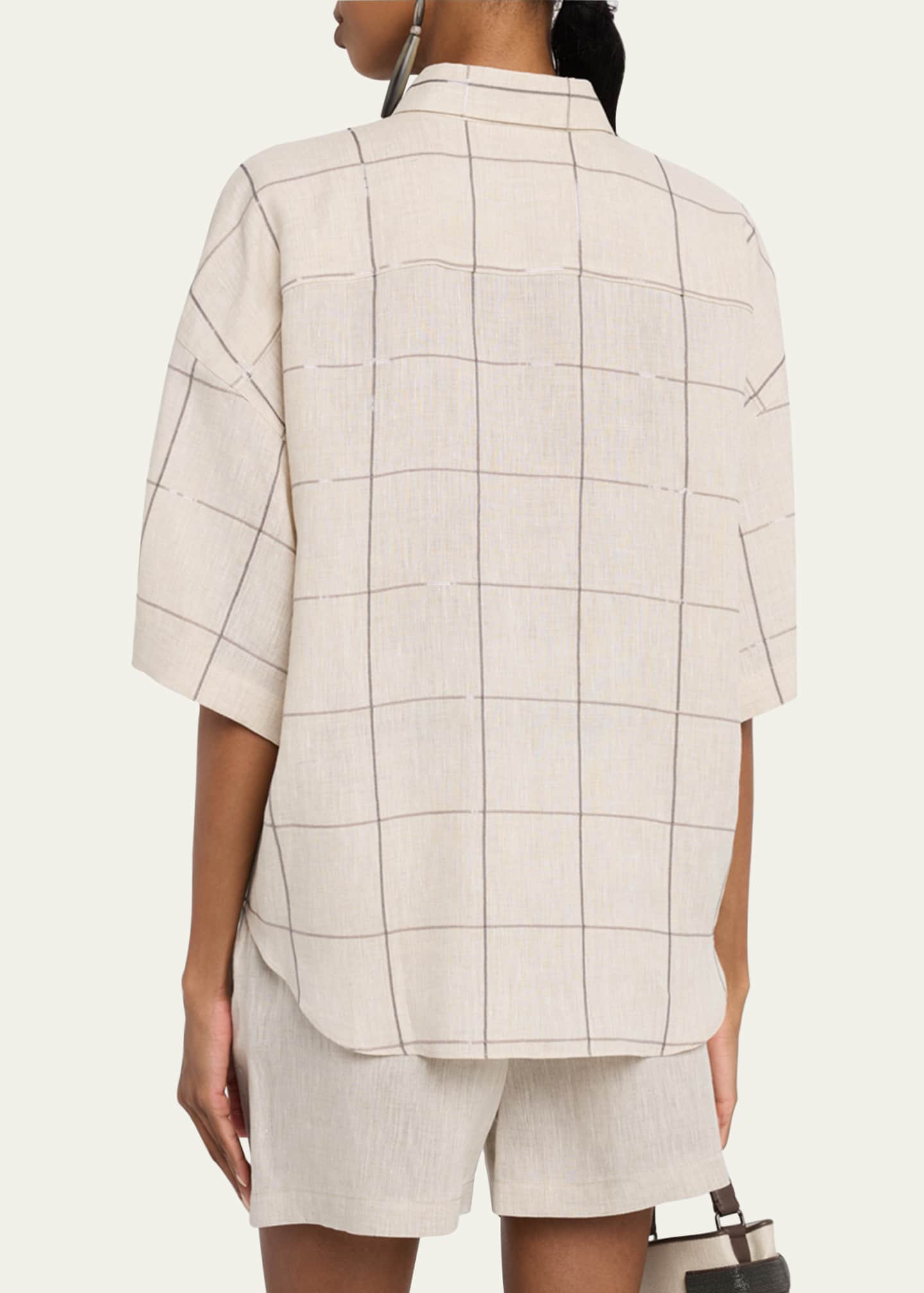 Brunello Cucinelli Paillette Check Light Linen Button-Down Shirt Image 3 of 5