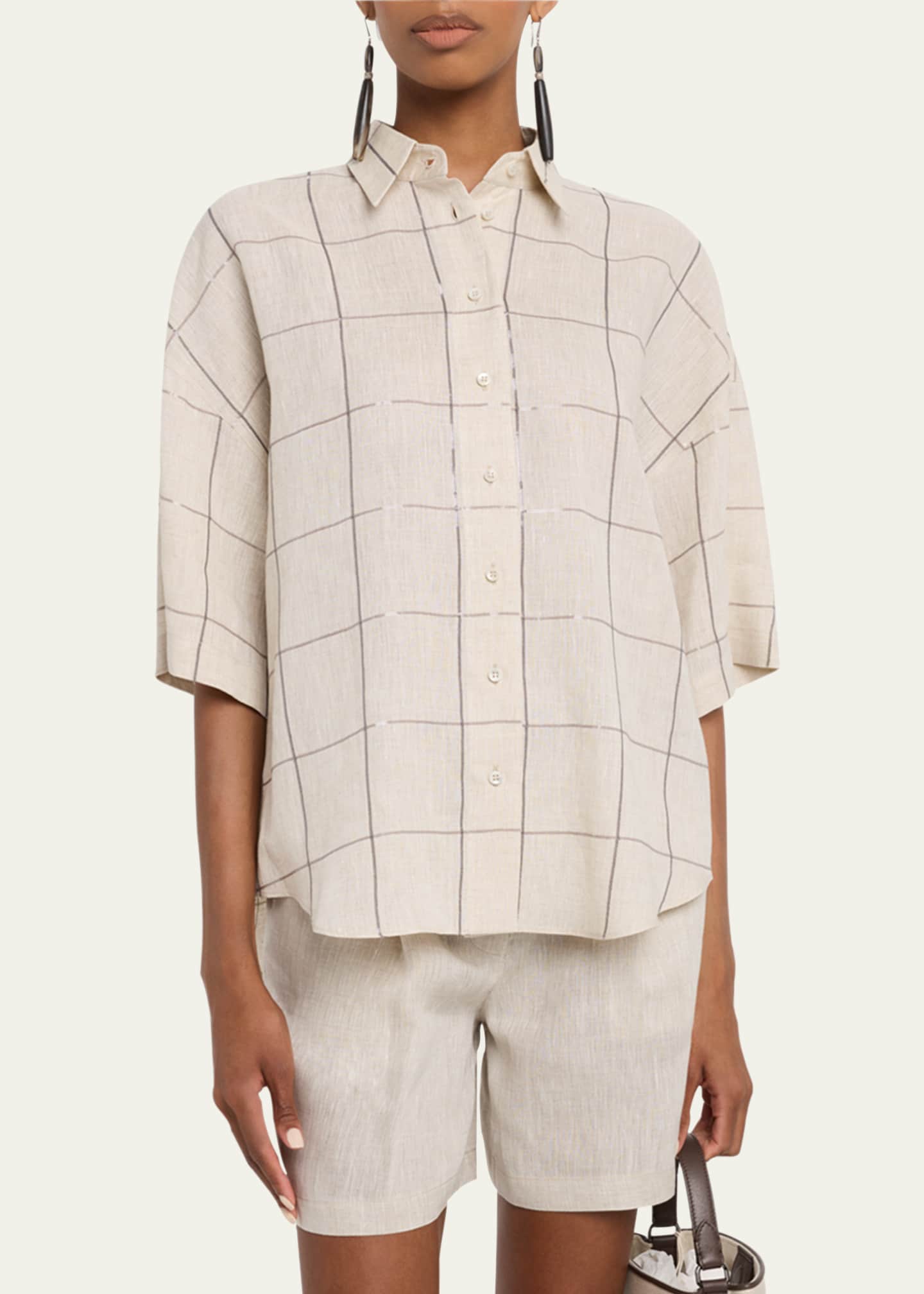 Brunello Cucinelli Paillette Check Light Linen Button-Down Shirt Image 4 of 5