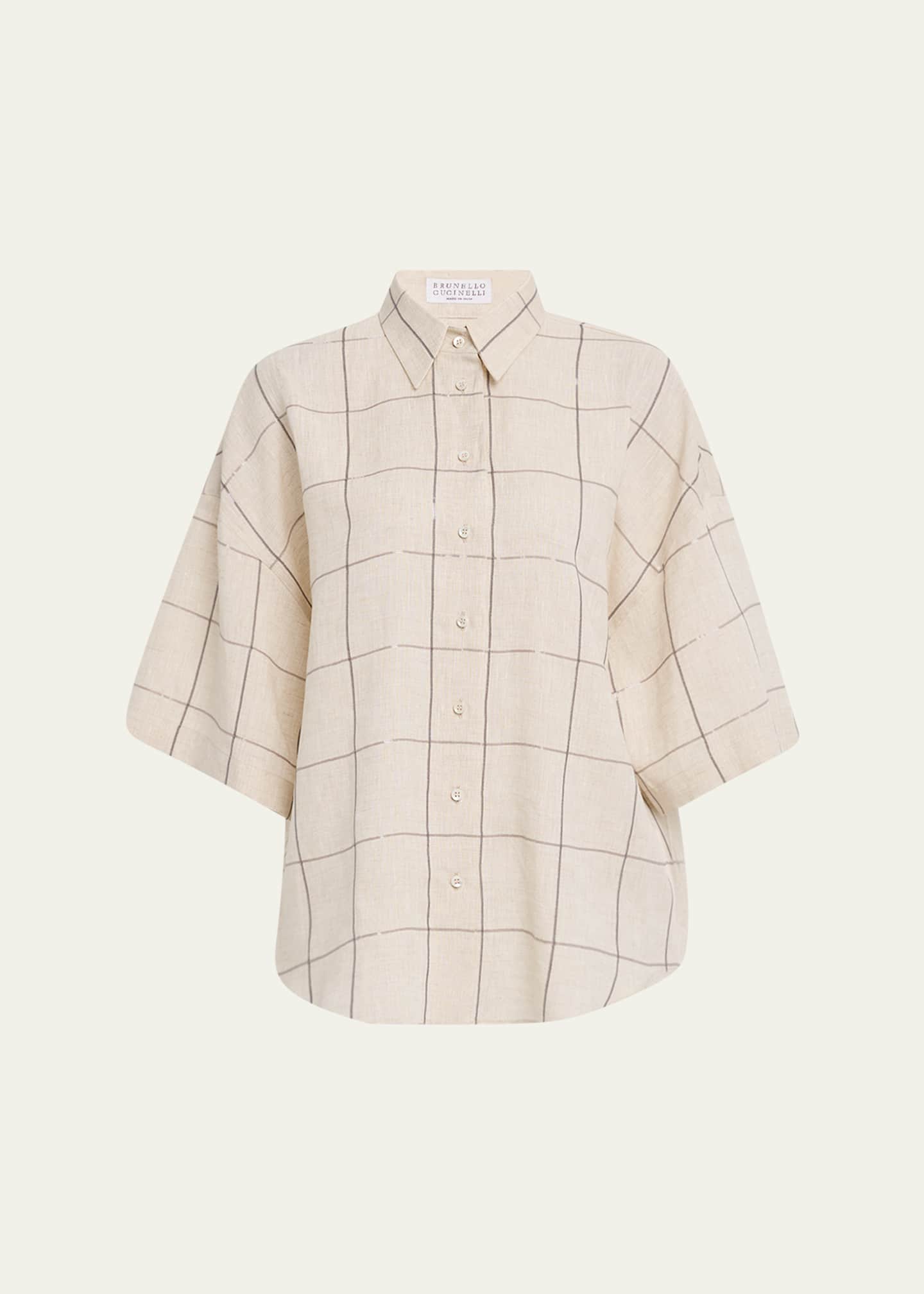 Brunello Cucinelli Paillette Check Light Linen Button-Down Shirt Image 1 of 5
