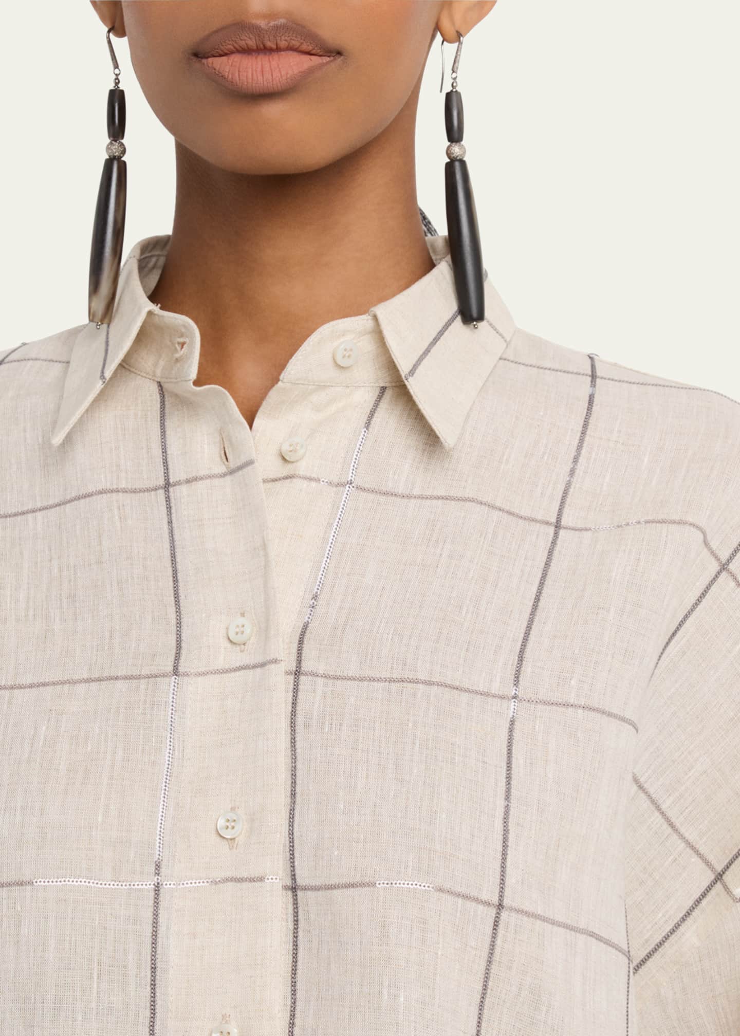 Brunello Cucinelli Paillette Check Light Linen Button-Down Shirt Image 5 of 5