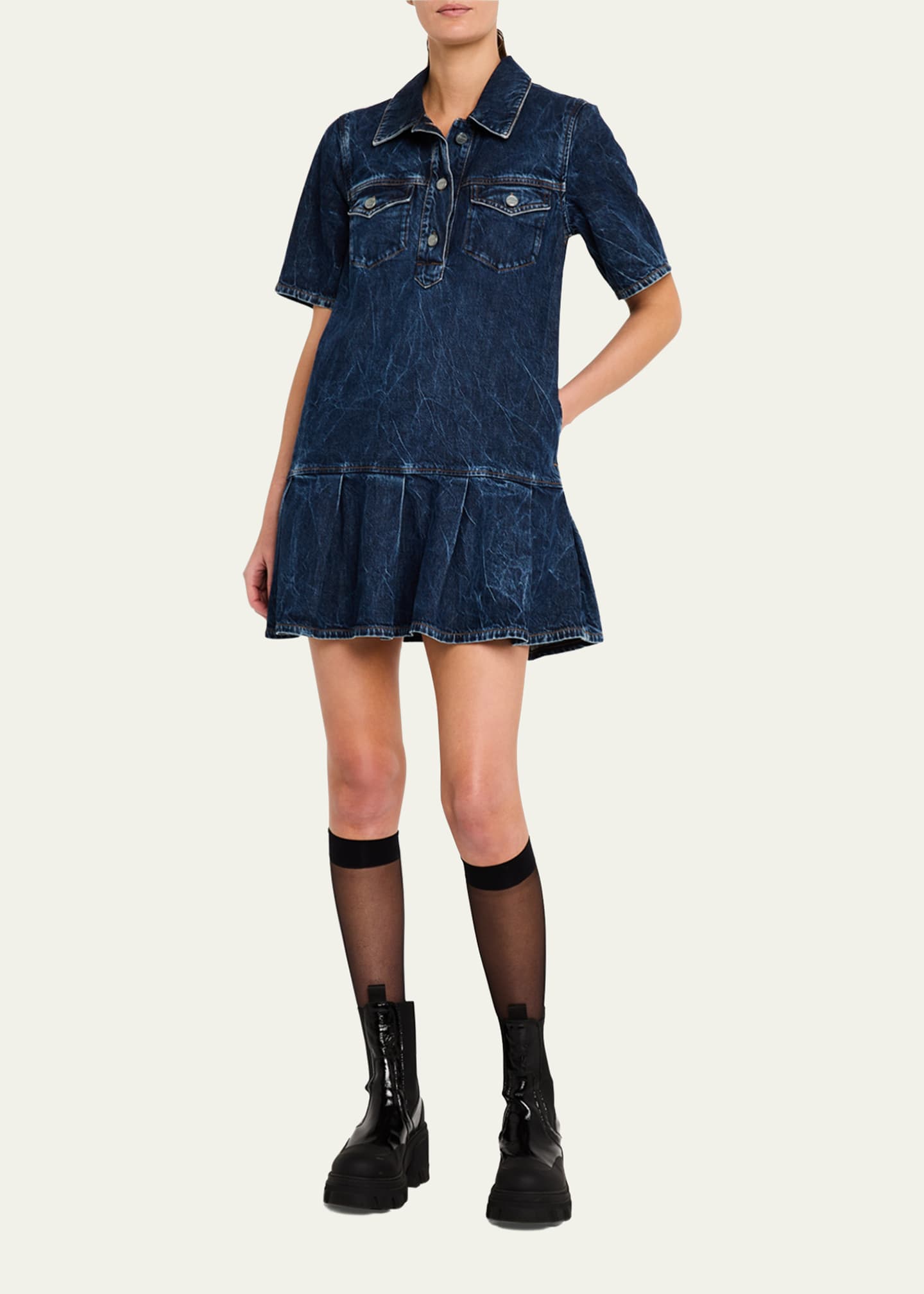 Ganni Short-Sleeve Crinkled Denim Mini Dress Image 2 of 5