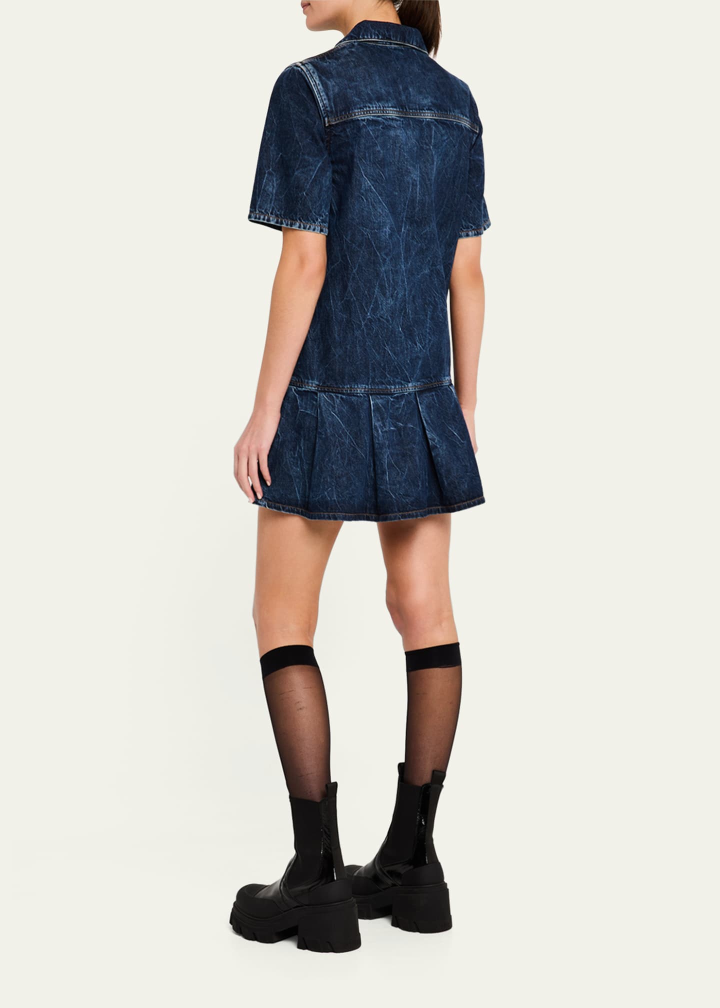Ganni Short-Sleeve Crinkled Denim Mini Dress Image 3 of 5