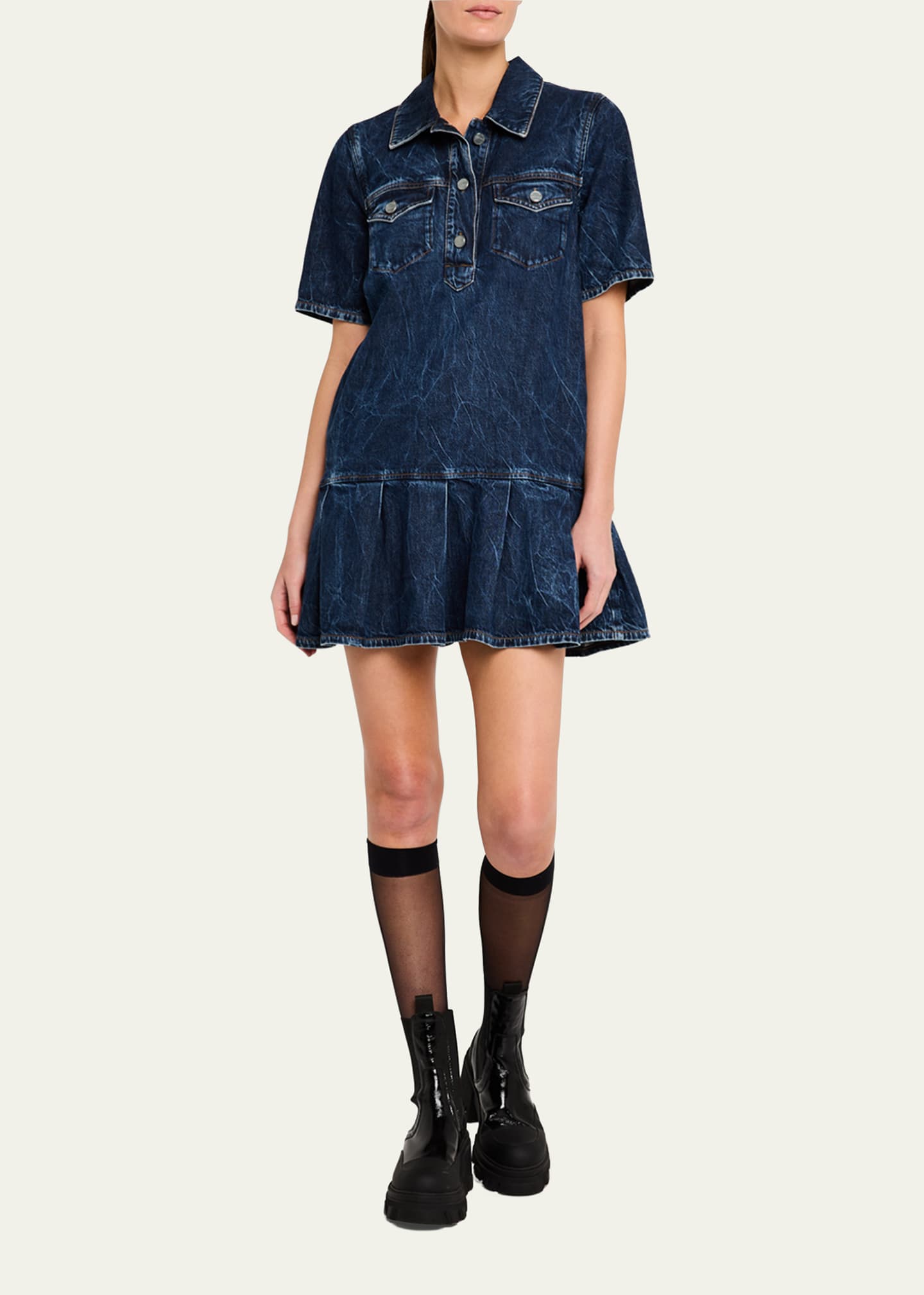 Ganni Short-Sleeve Crinkled Denim Mini Dress Image 4 of 5