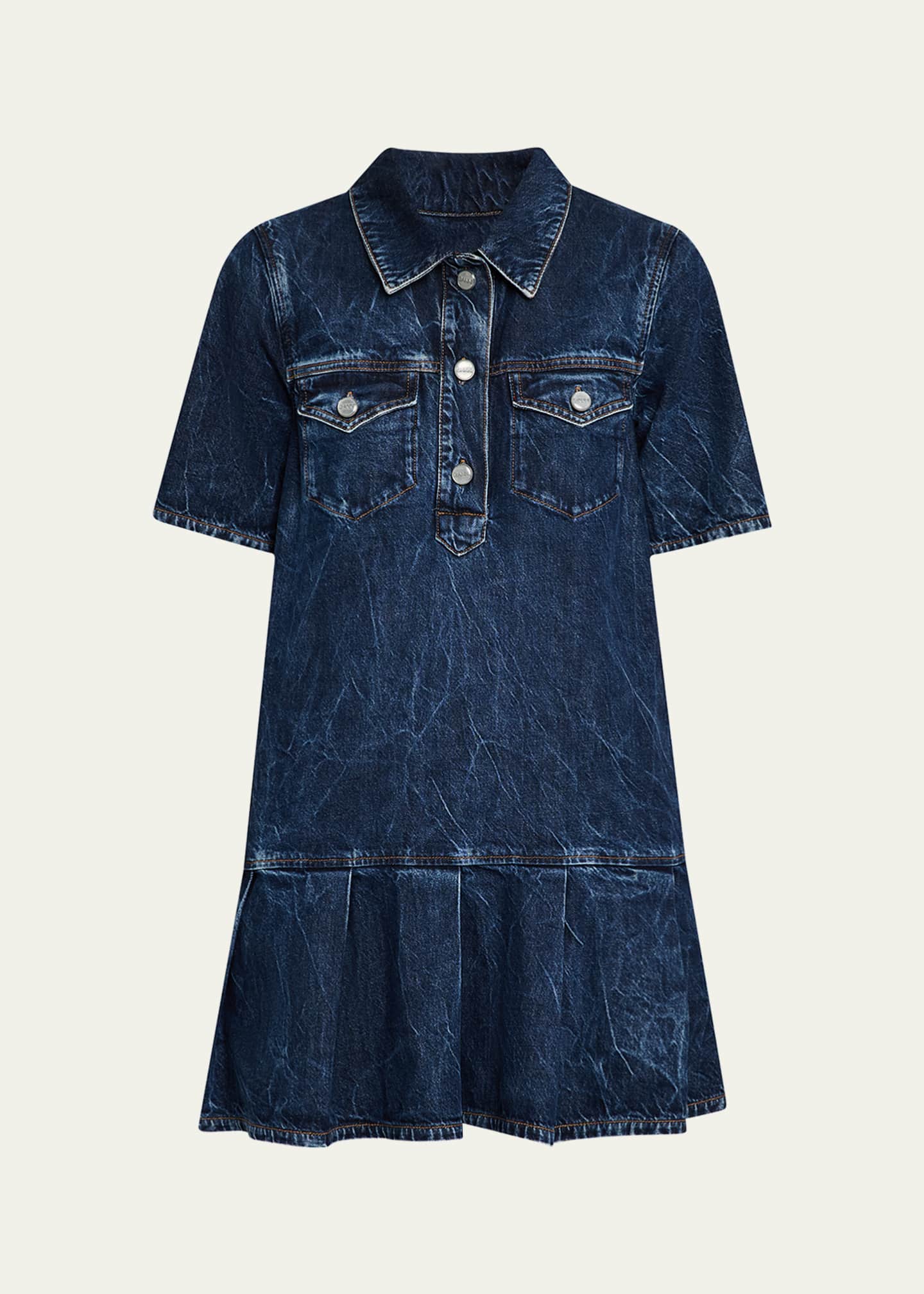 Ganni Short-Sleeve Crinkled Denim Mini Dress Image 1 of 5