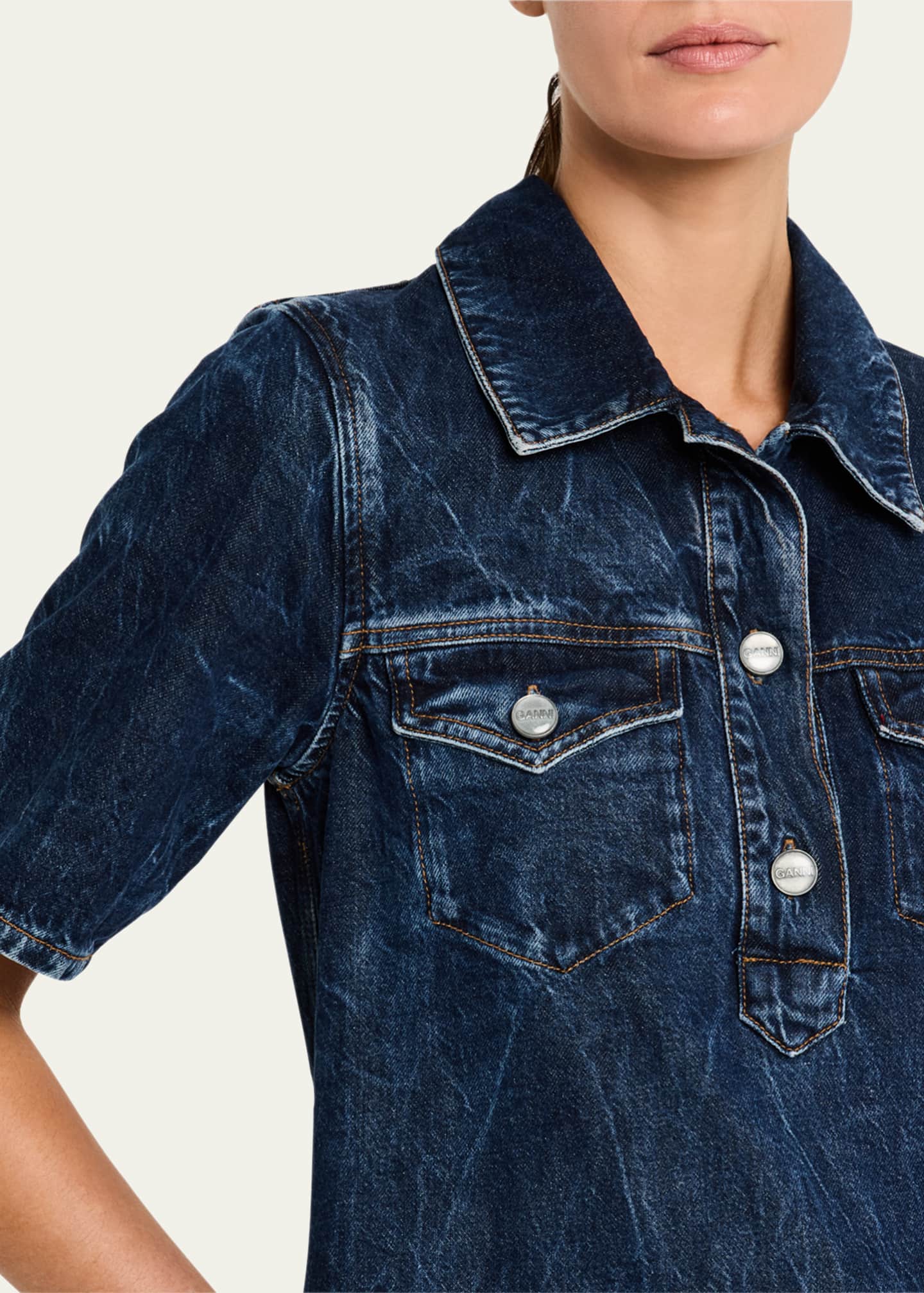 Ganni Short-Sleeve Crinkled Denim Mini Dress Image 5 of 5