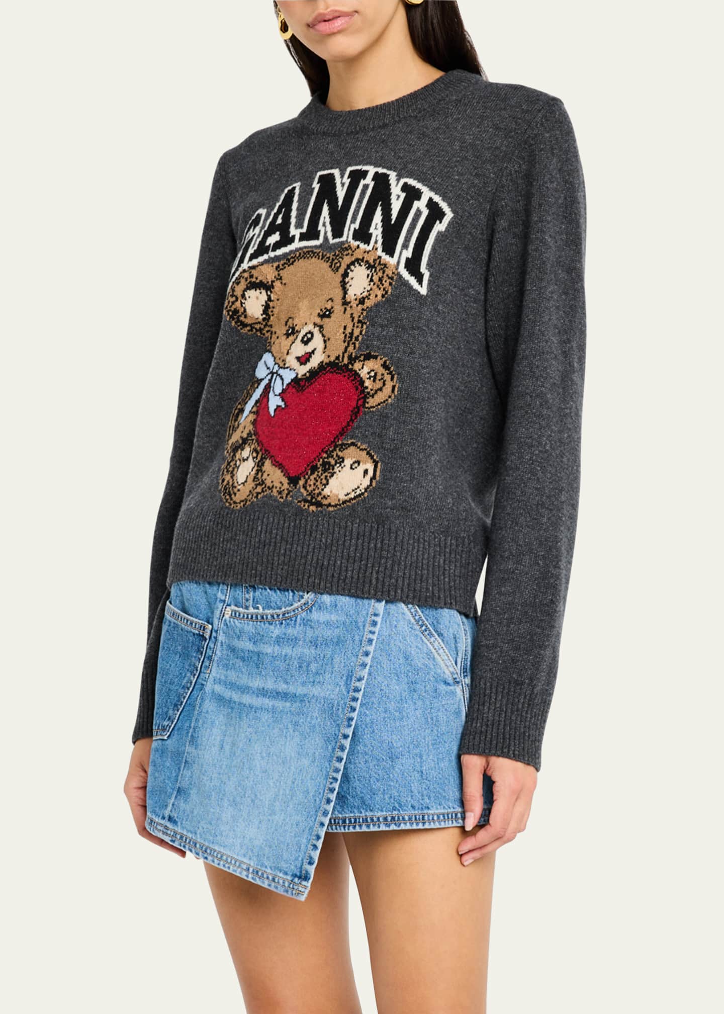 Ganni Wool Graphic Bear Crewneck Sweater Image 4 of 5