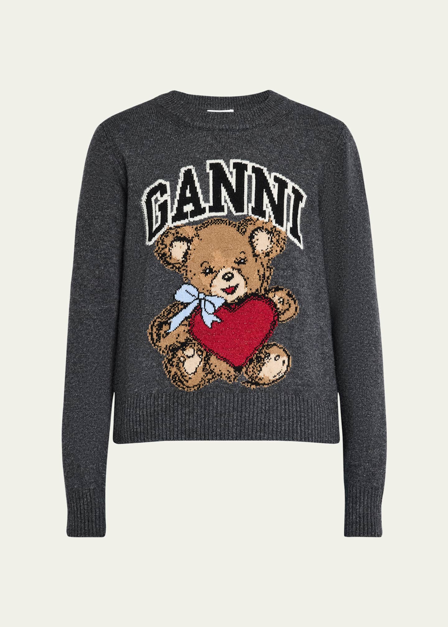 Ganni Wool Graphic Bear Crewneck Sweater Image 1 of 5