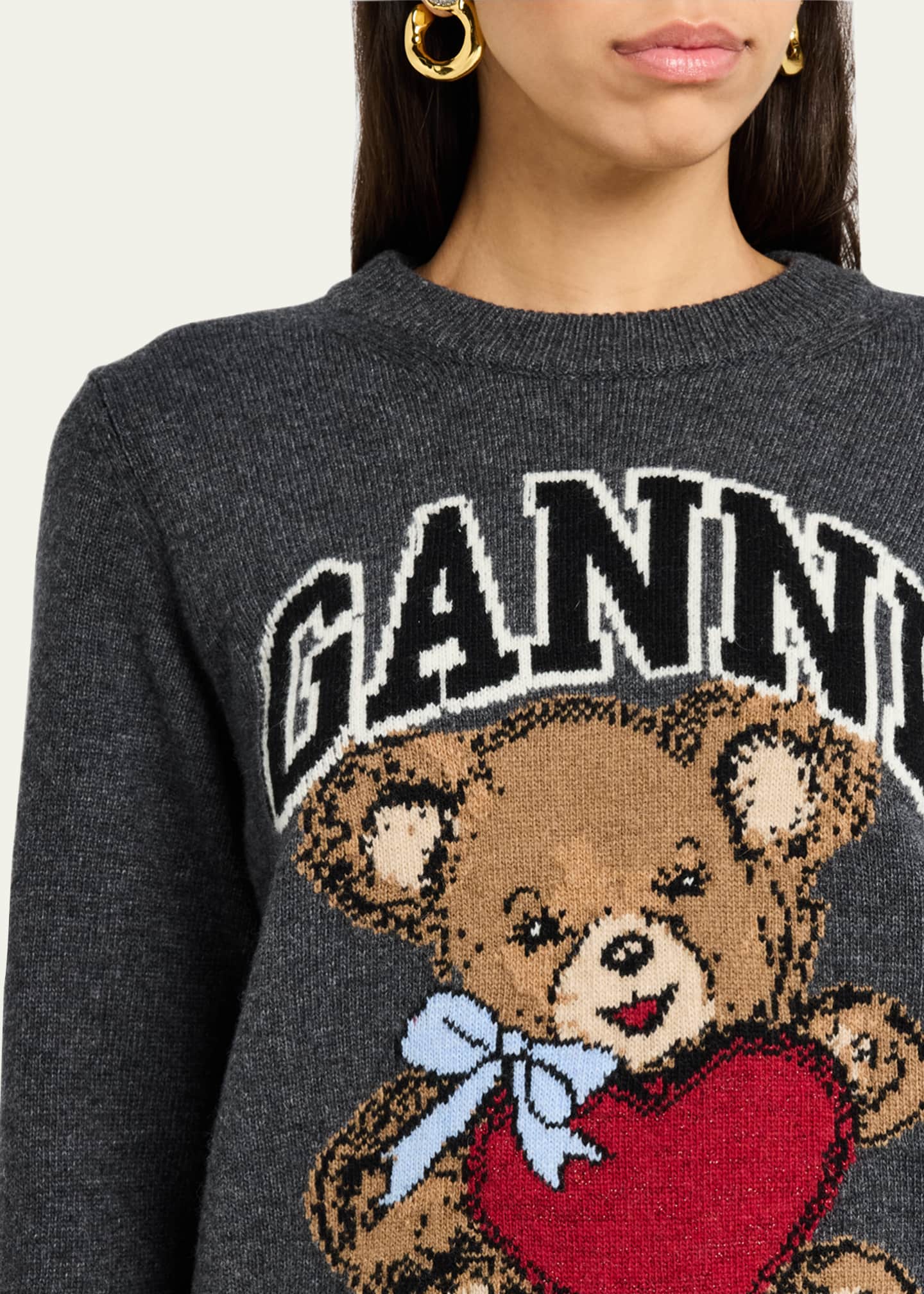 Ganni Wool Graphic Bear Crewneck Sweater Image 5 of 5