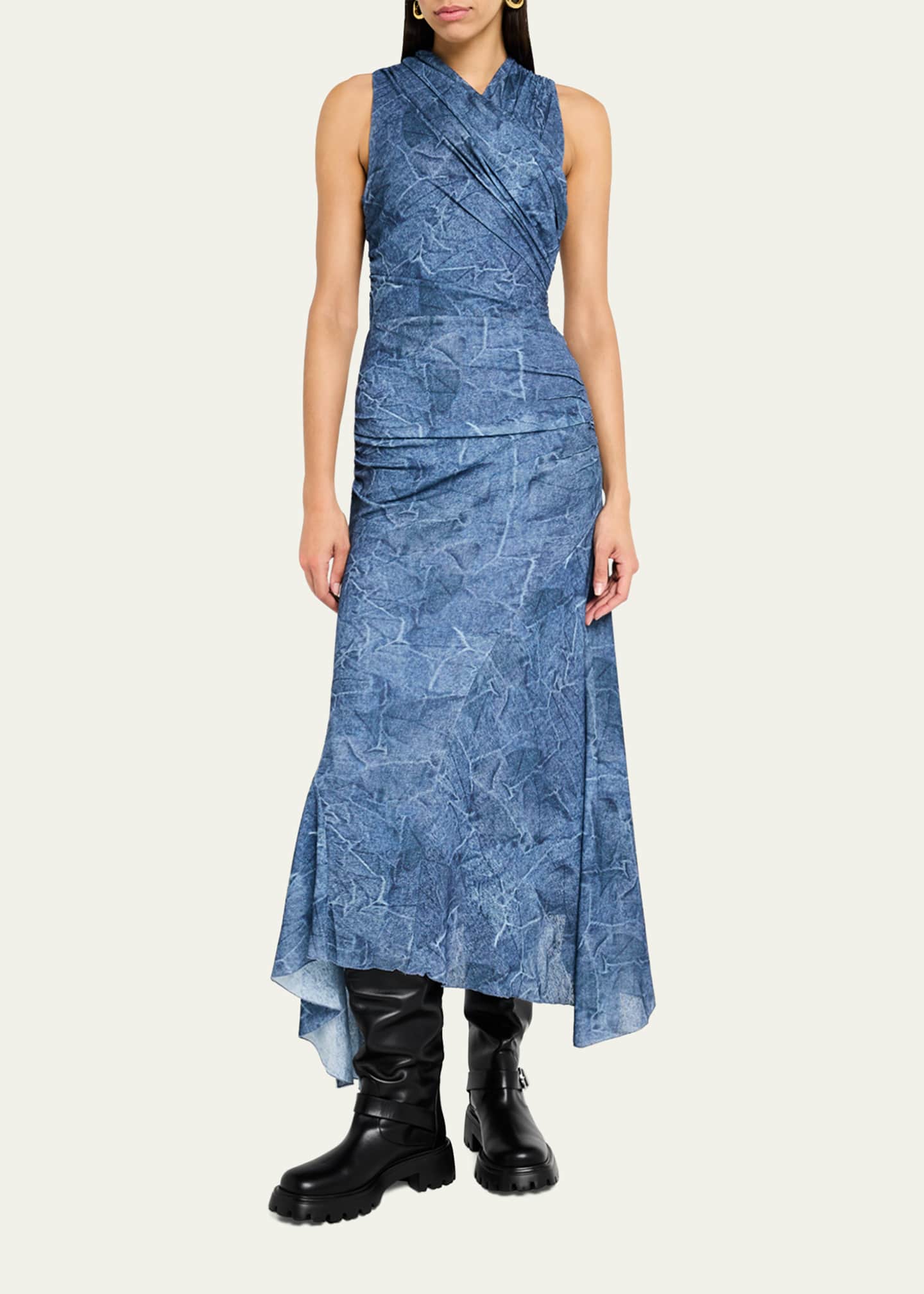 Ganni Marl Mesh Ruched Crossover Midi Dress Image 2 of 5