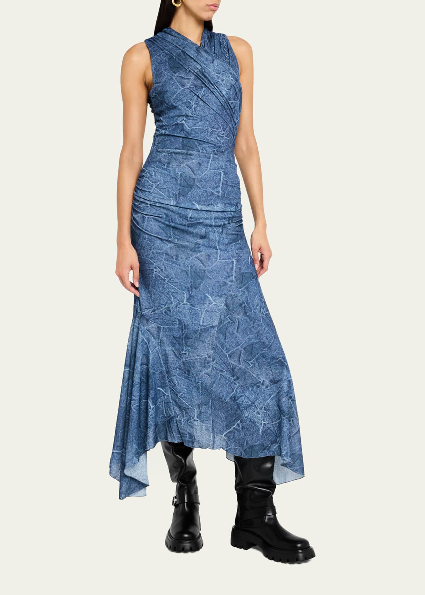 Ganni Marl Mesh Ruched Crossover Midi Dress Image 4 of 5