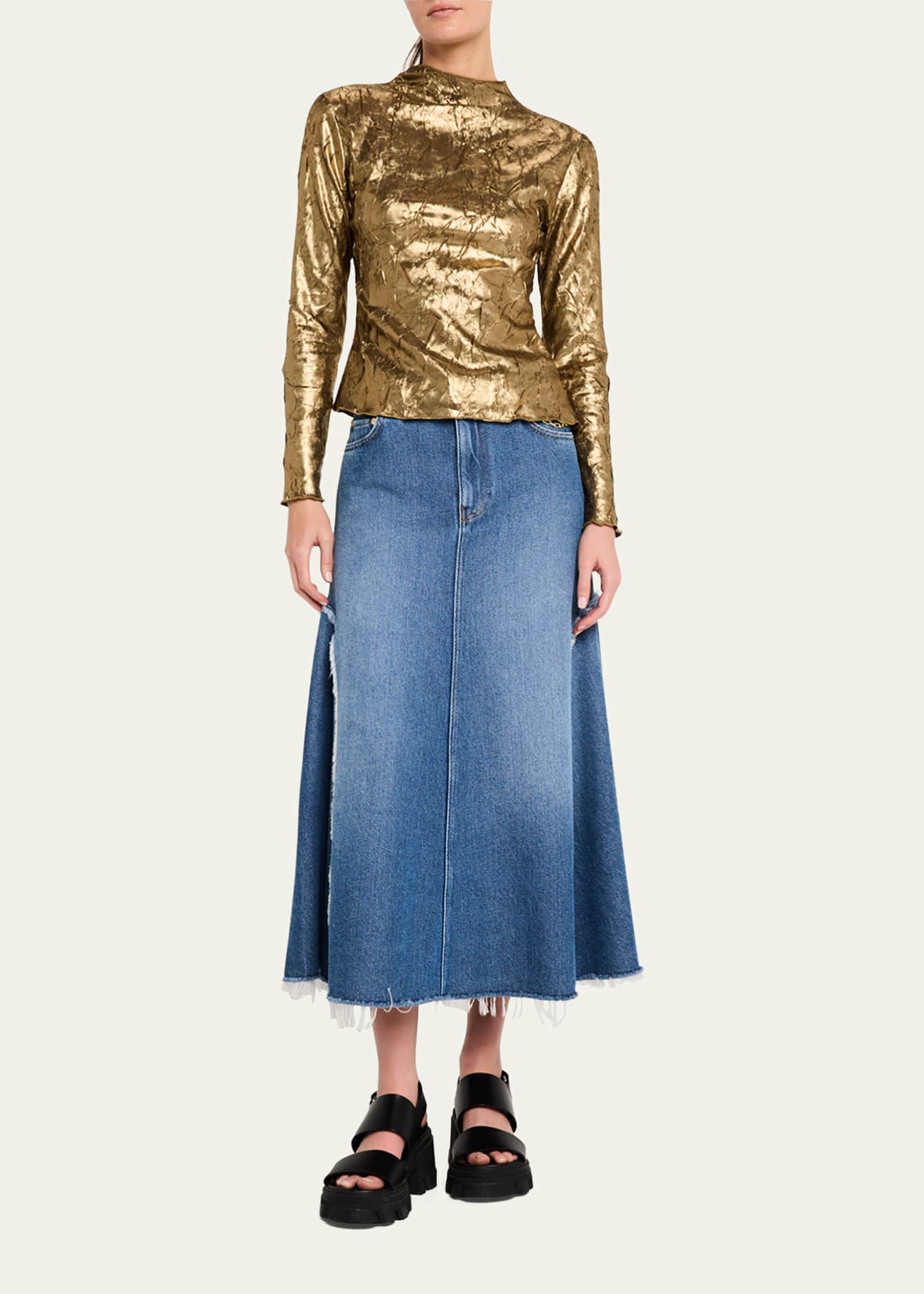 Ganni A-Line Denim Midi Skirt Image 2 of 5