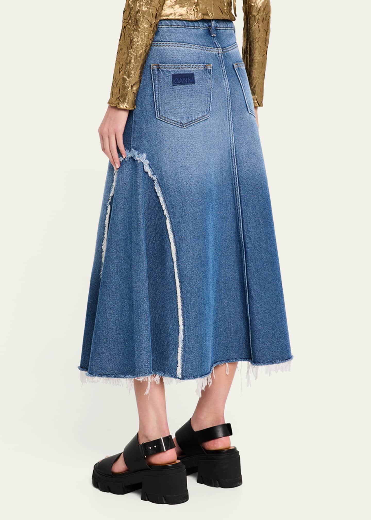 Ganni A-Line Denim Midi Skirt Image 3 of 5